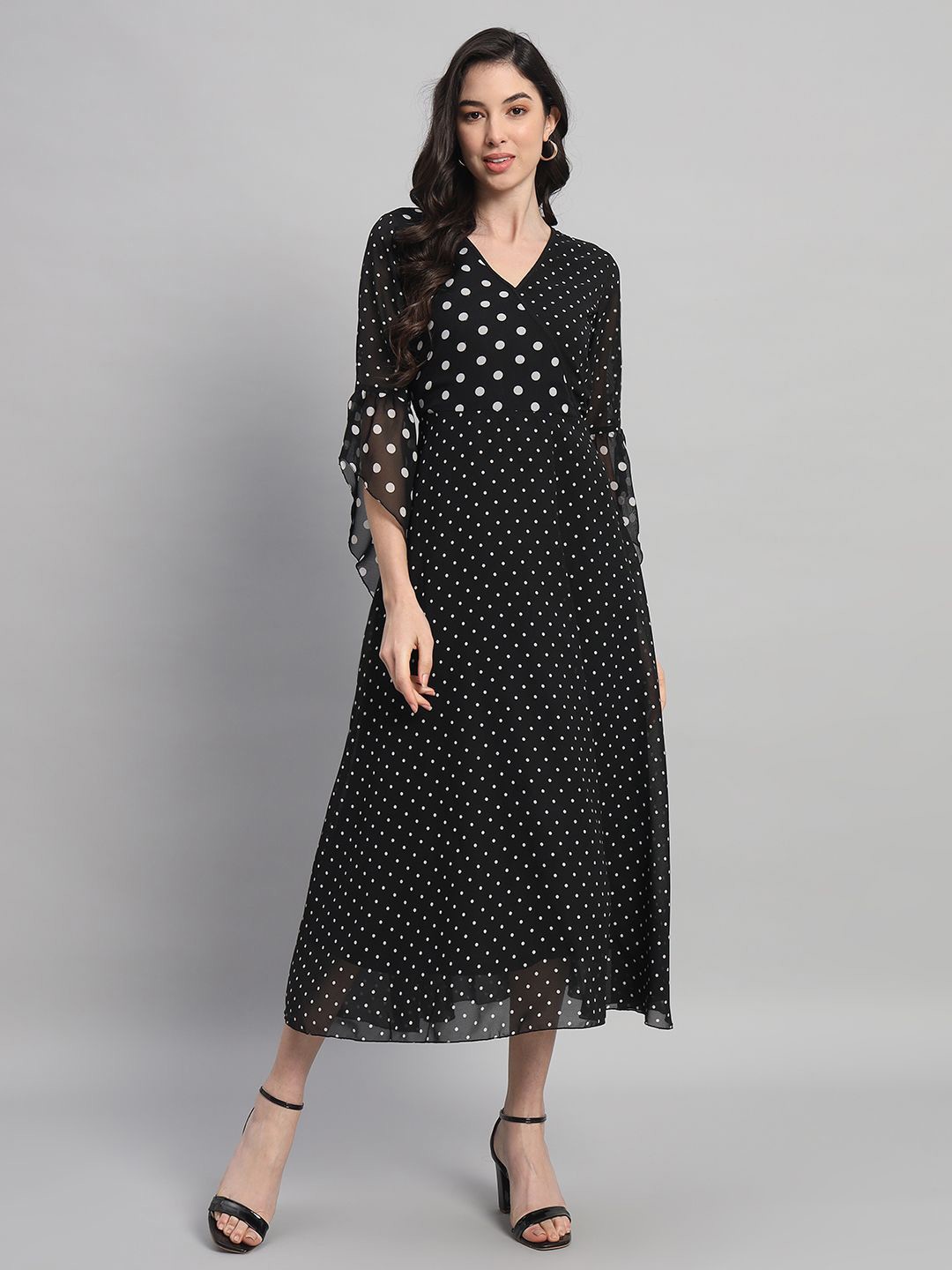 

Curvydrobe Women Polka Dot Print Flared Sleeves Georgette A-Line Midi Dress, Black