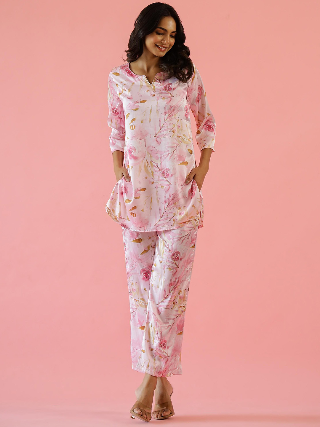 

FLAVIA CREATION Floral Printed Cotton Tunic With Trouser, Pink