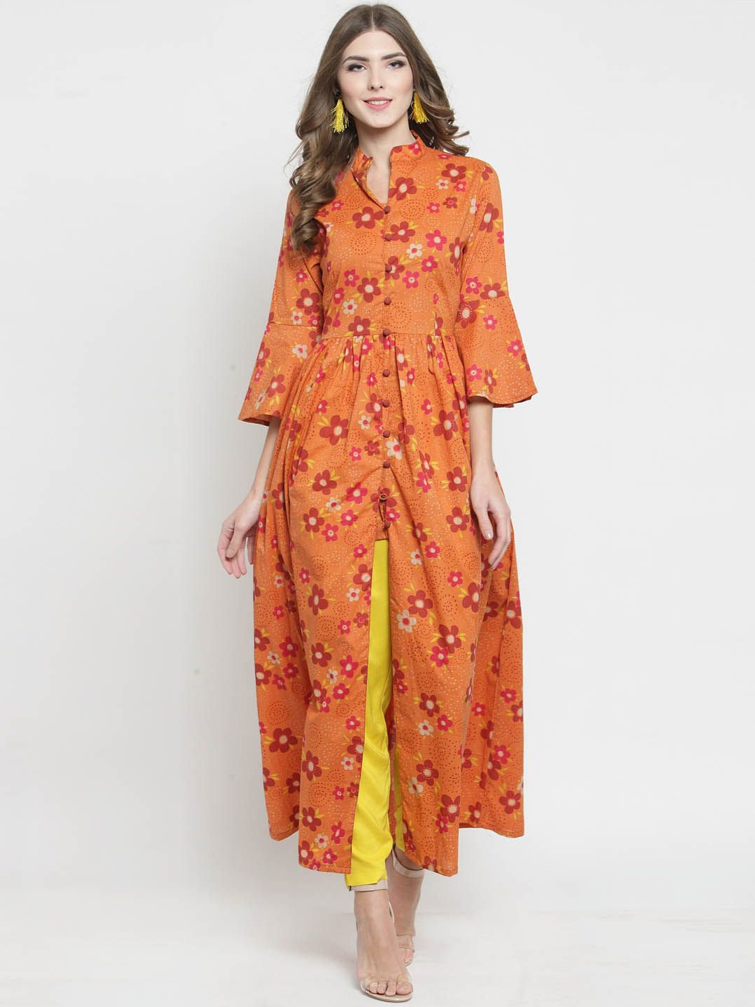 

Sera Orange Mandarin Collar Printed Flared Sleeves A-Line Kurta