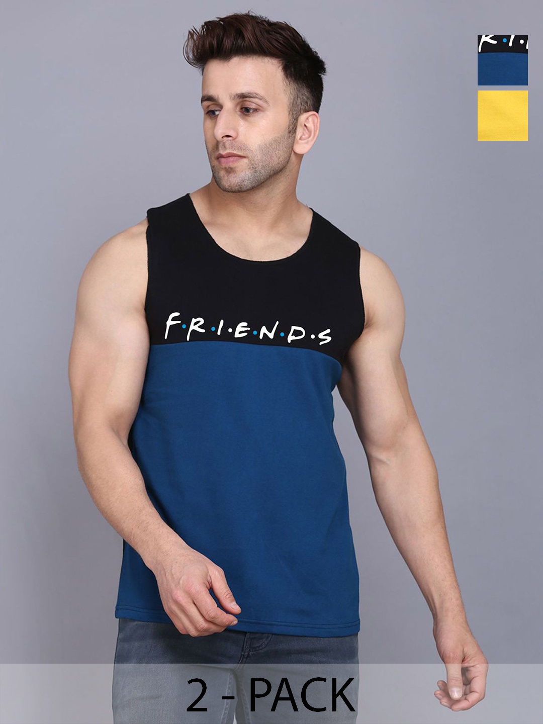 

SLOWLORIS Men Pack Of 2 Typography Printed Round Neck Cotton Slim Fit T-shirts, Yellow