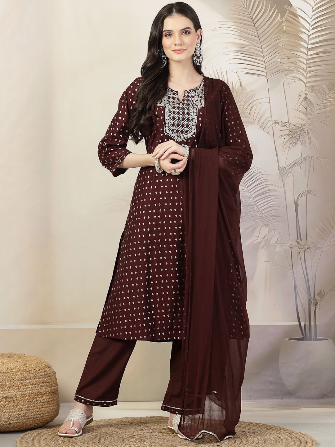 

Nayam By Lakshita Ethnic Motifs Embroidered Straight Kurta With Palazzos & Dupatta, Maroon