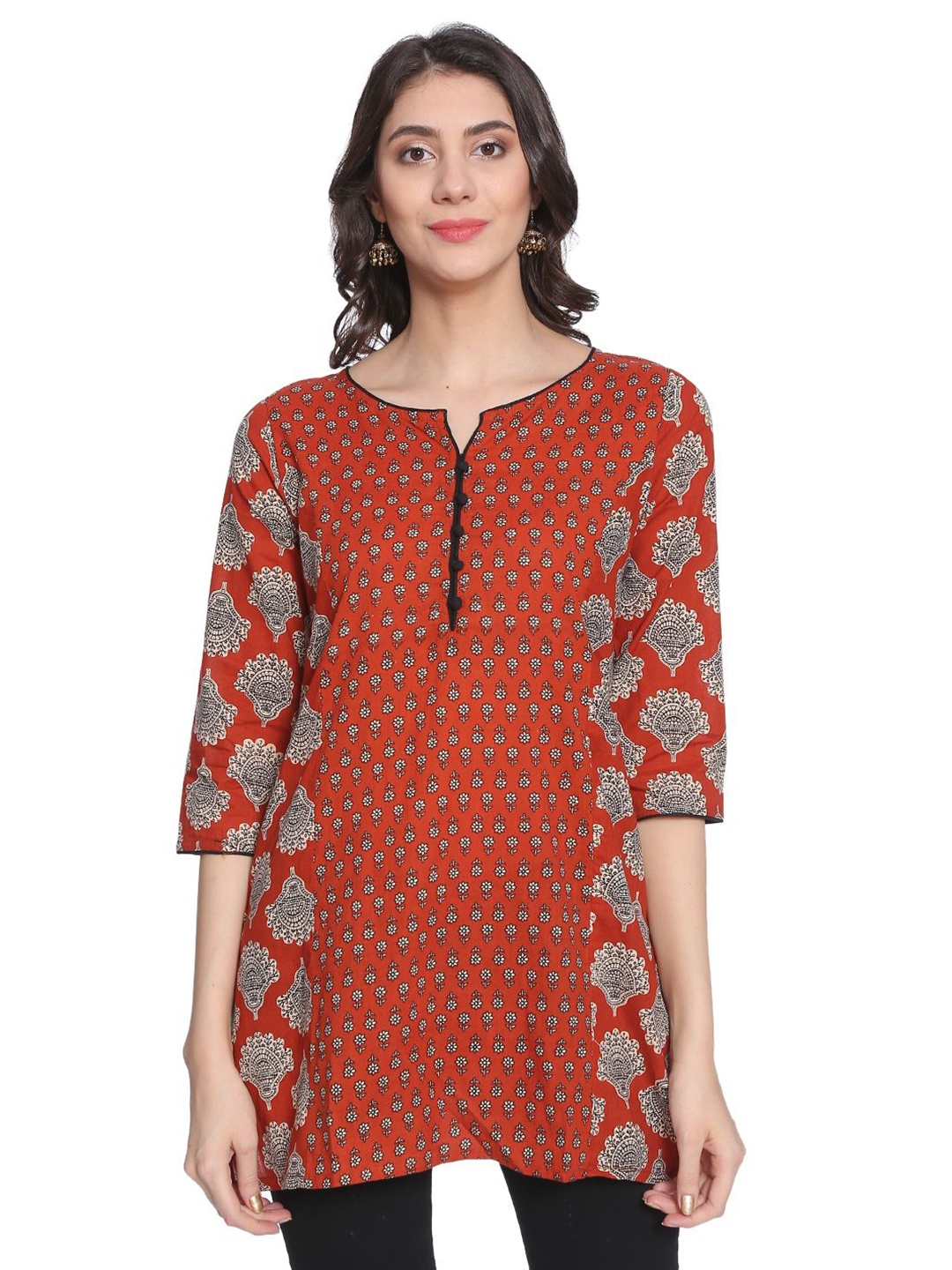 

Anouk Women Ethnic Motifs Printed Round Neck With Notch Pure Cotton Short Kurti, Red
