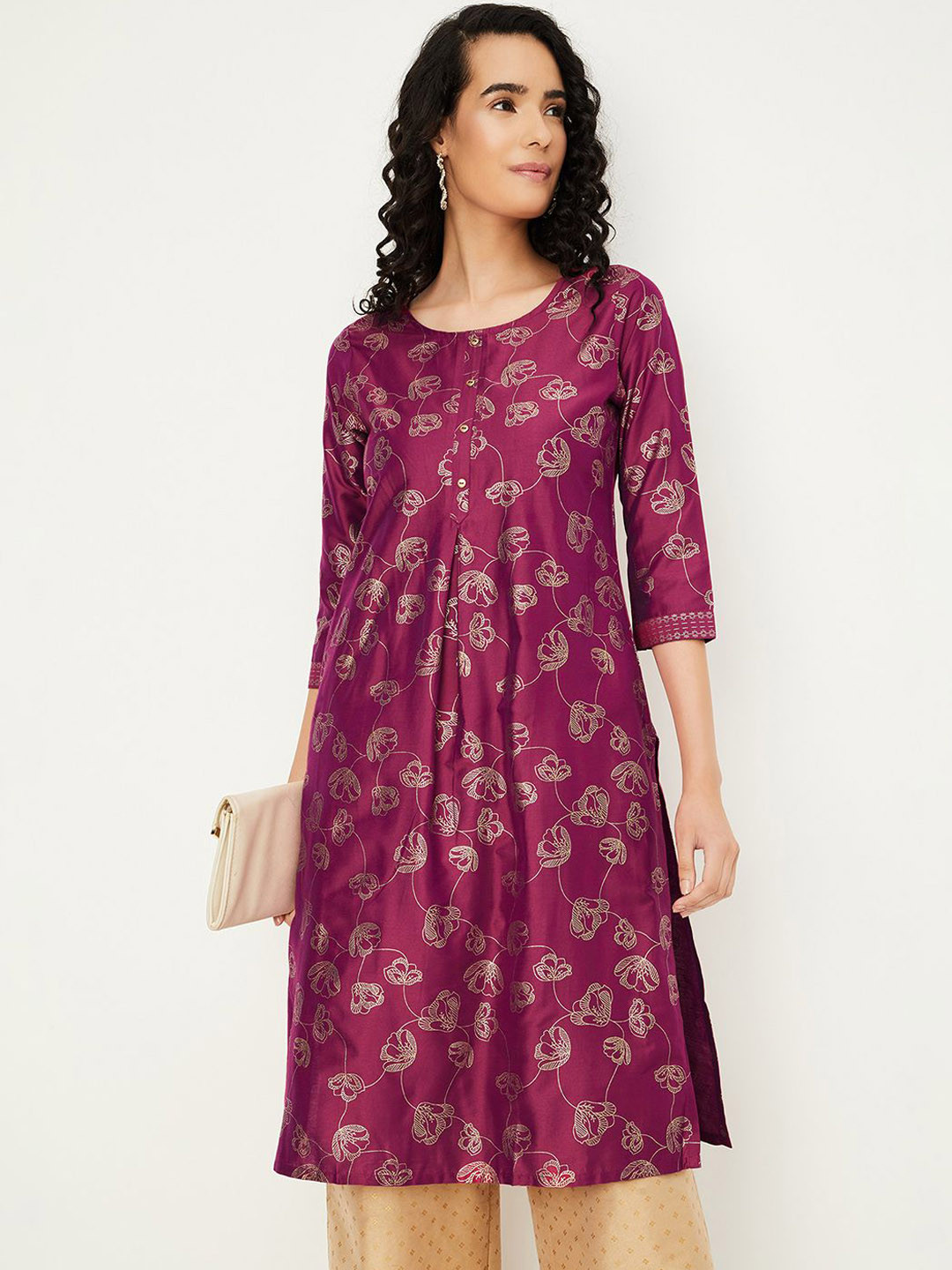 

max Floral Printed Round Neck Straight Kurta, Magenta