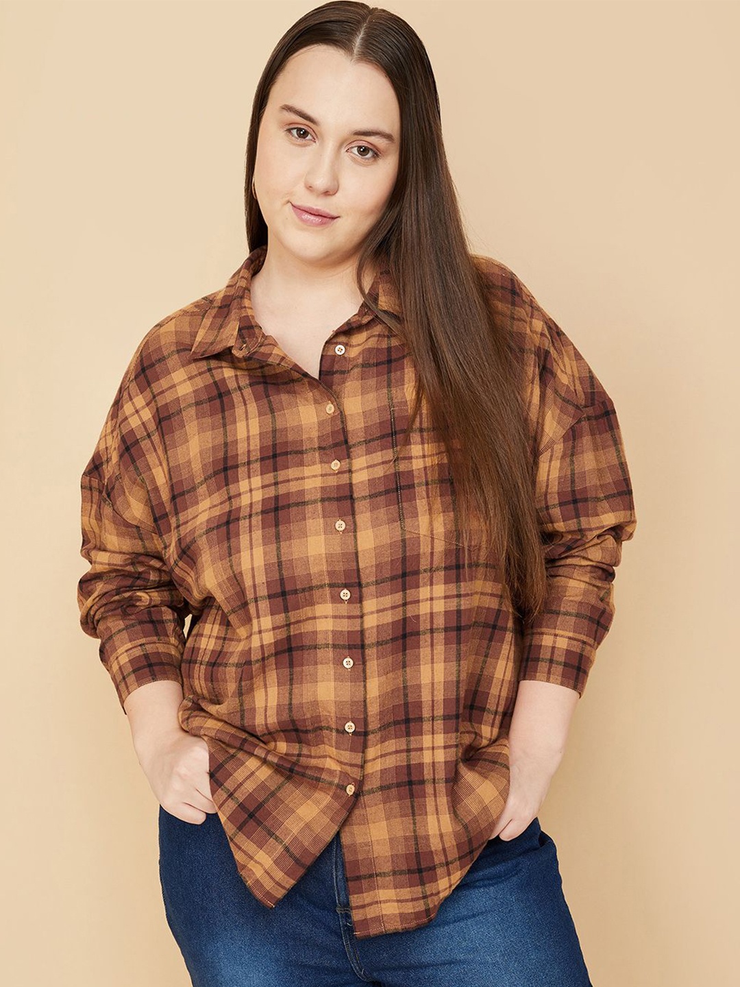 

MAX ALAYA F x URB_N Women Tartan Checked Yarn Dyed Shirt, Brown