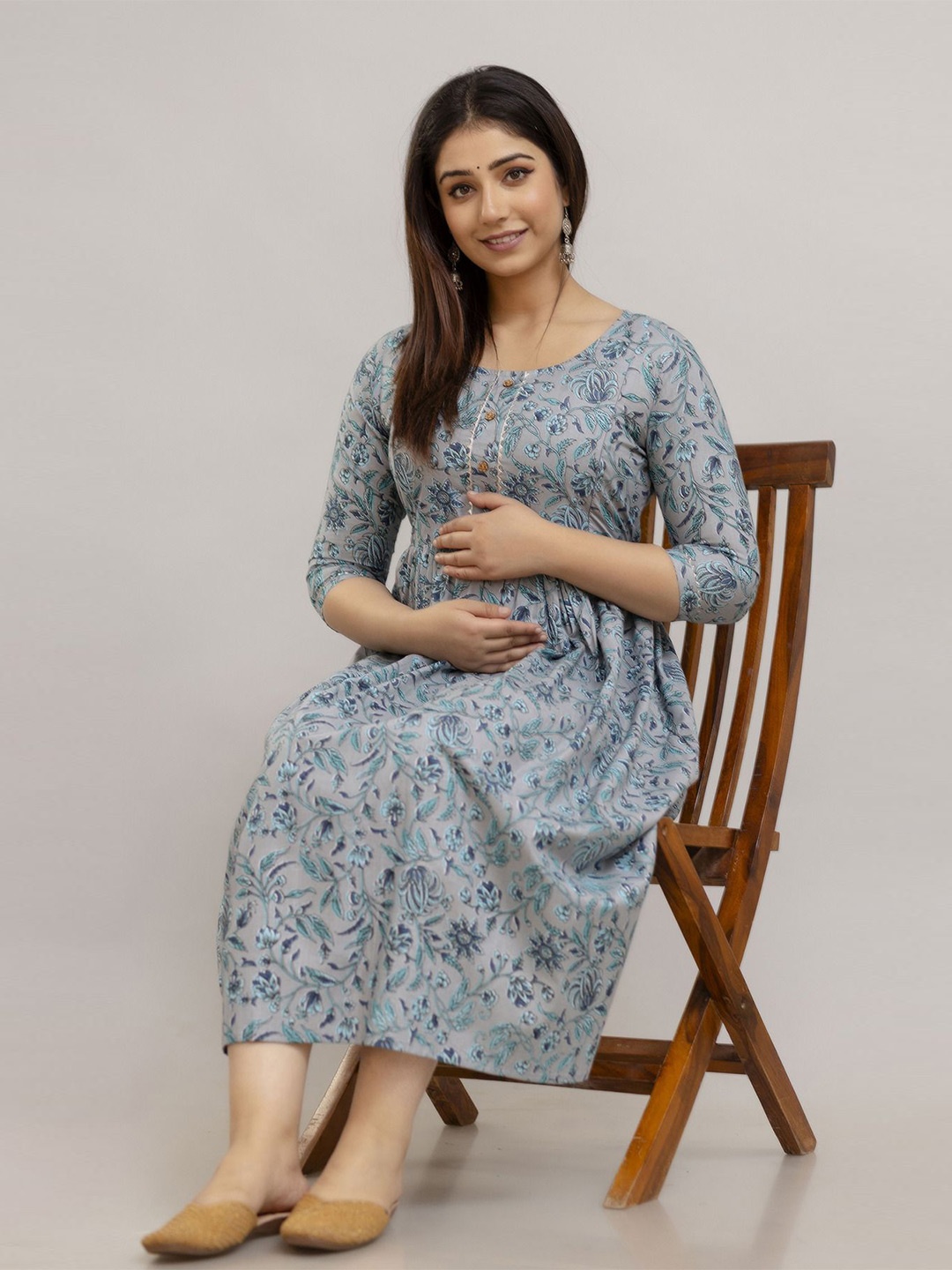 

SHOOLIN Ethnic Motifs Printed Maternity A-Line Midi Dress, Grey