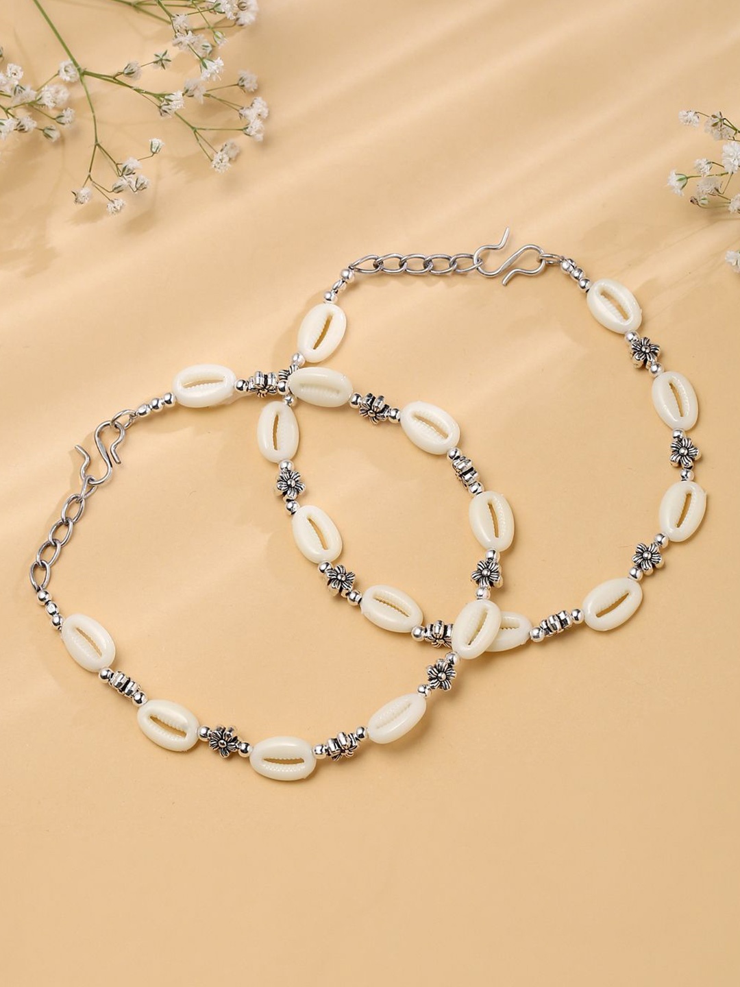 

VIRAASI Set Of 2 Brass-Plated Artificial Stones Anklet, Silver