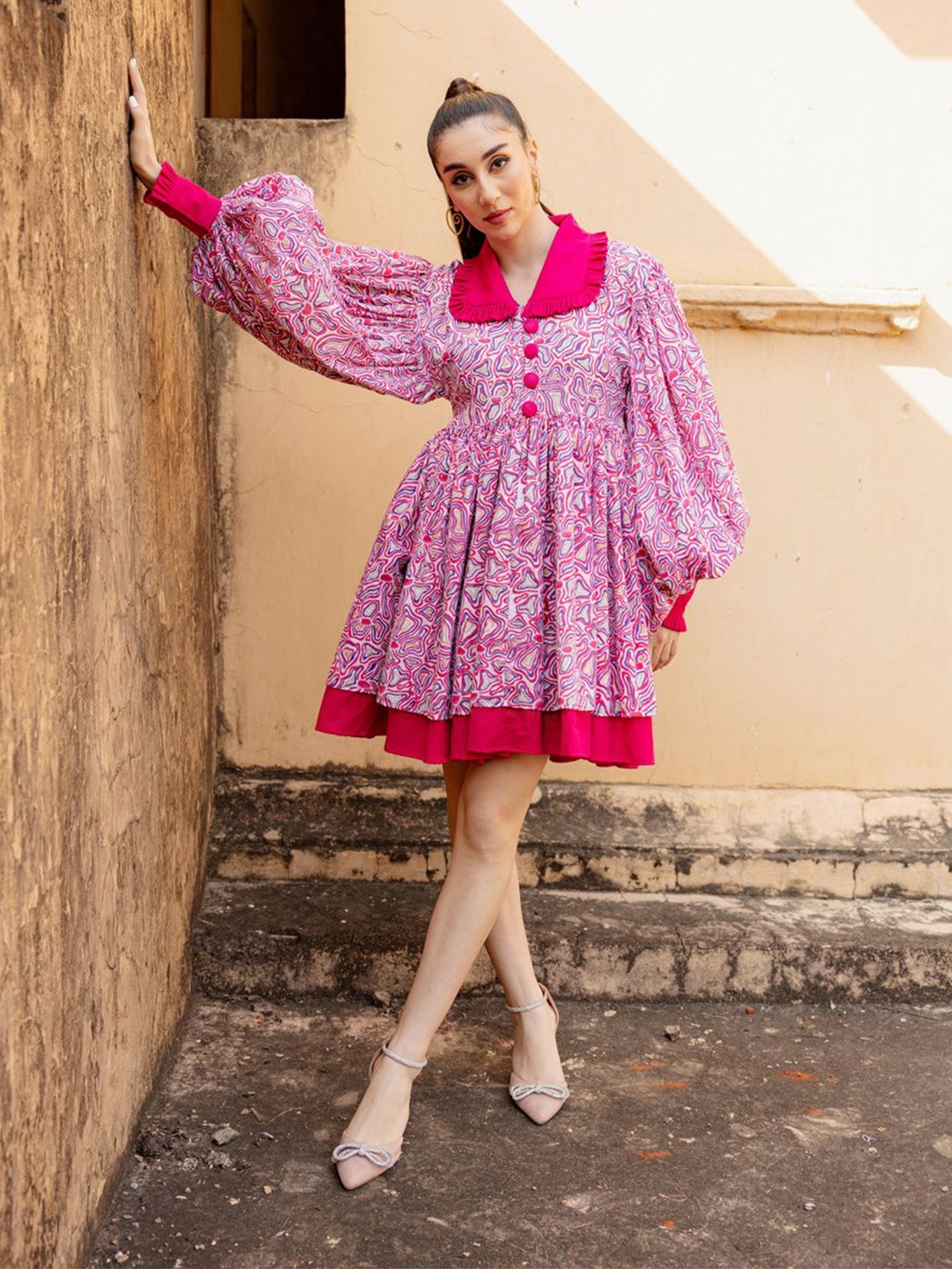 

JORASA Printed Cuffed Sleeves Cotton Fit & Flare Dress, Pink