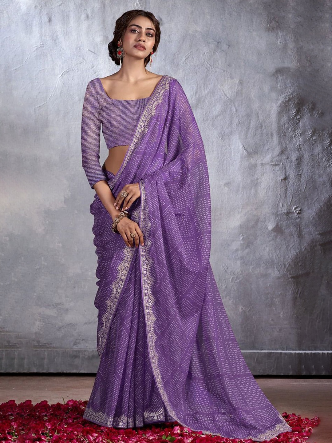 

MySilkLove Bandhani Sequinned Pure Georgette Saree, Purple
