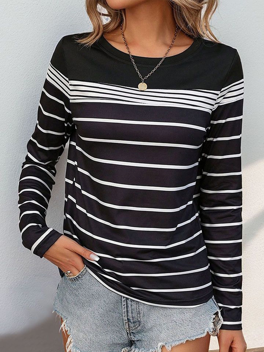 

StyleCast x Revolte Women Horizontal Stripes Round Neck Top, Black