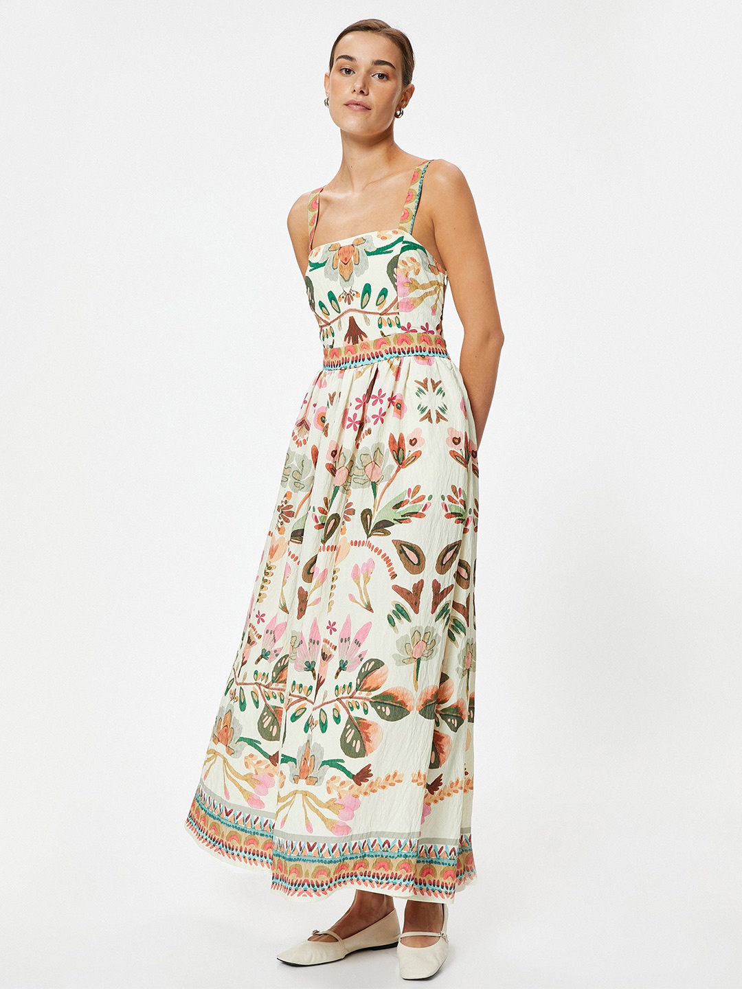 

Koton Floral Printed Cotton Fit and Flare Maxi Dress, White