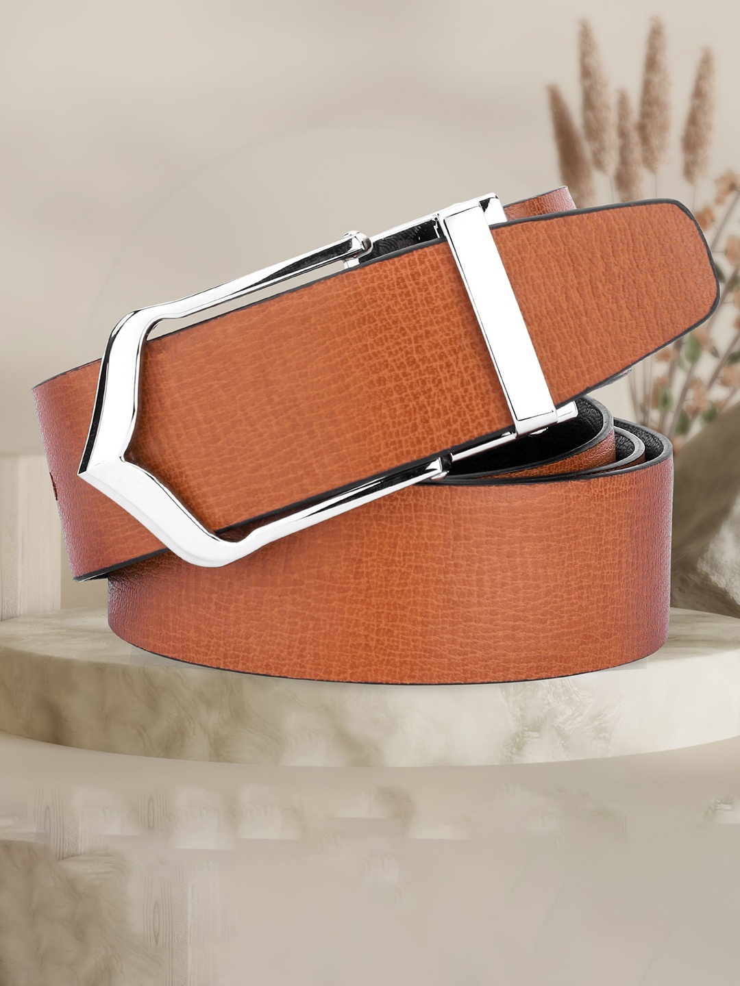 

WINSOME DEAL Men Push Pin Closure Textured Formal Belt, Tan