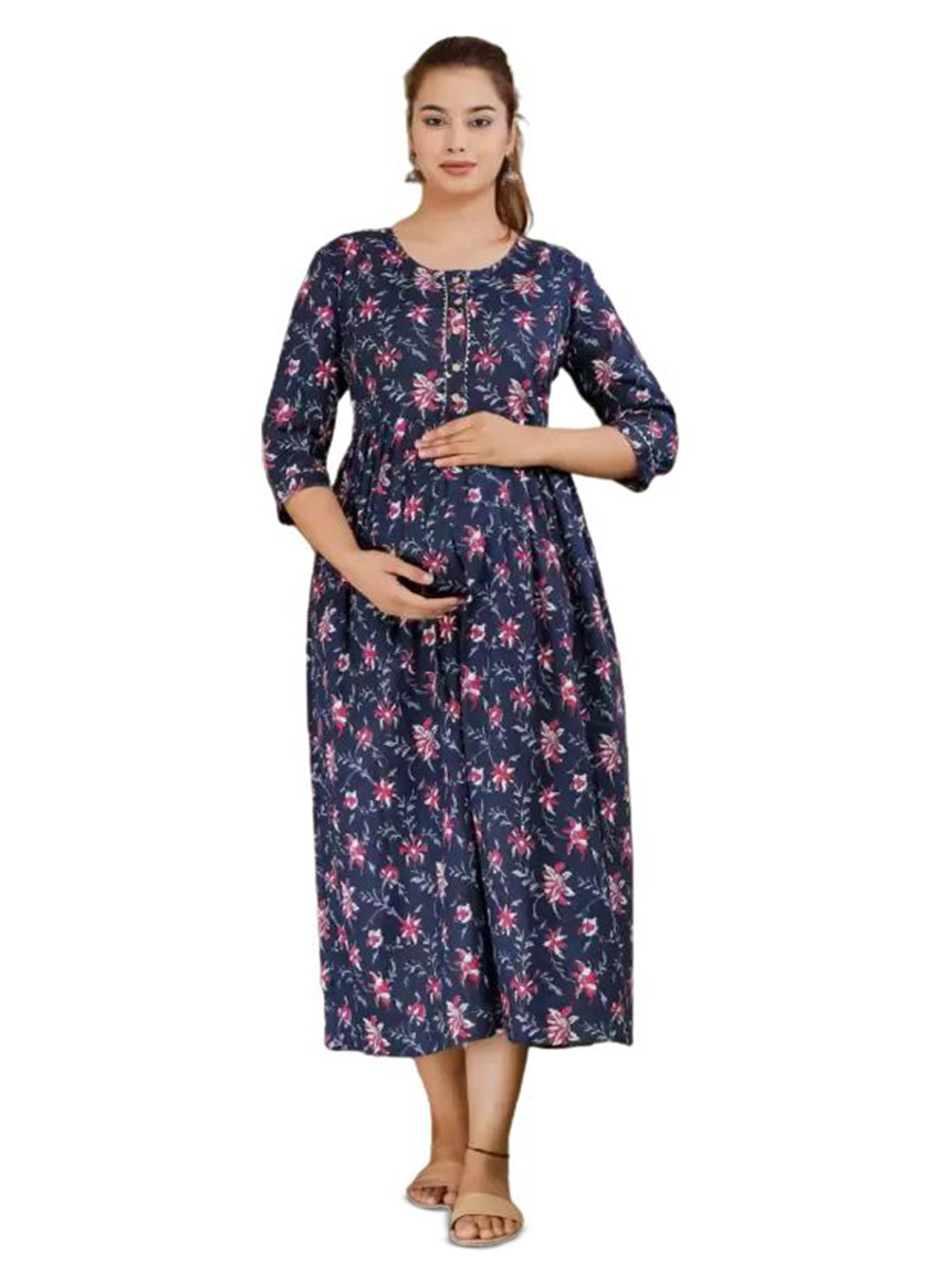 

SHOOLIN Floral Printed Maternity Fit & Flare Midi Dress, Navy blue