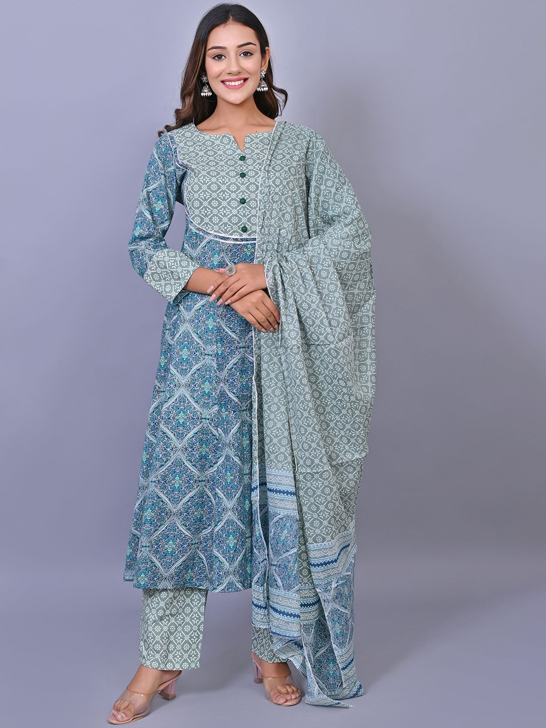 

Moktika Women Printed Angrakha Kurti with Trousers & With Dupatta, Green