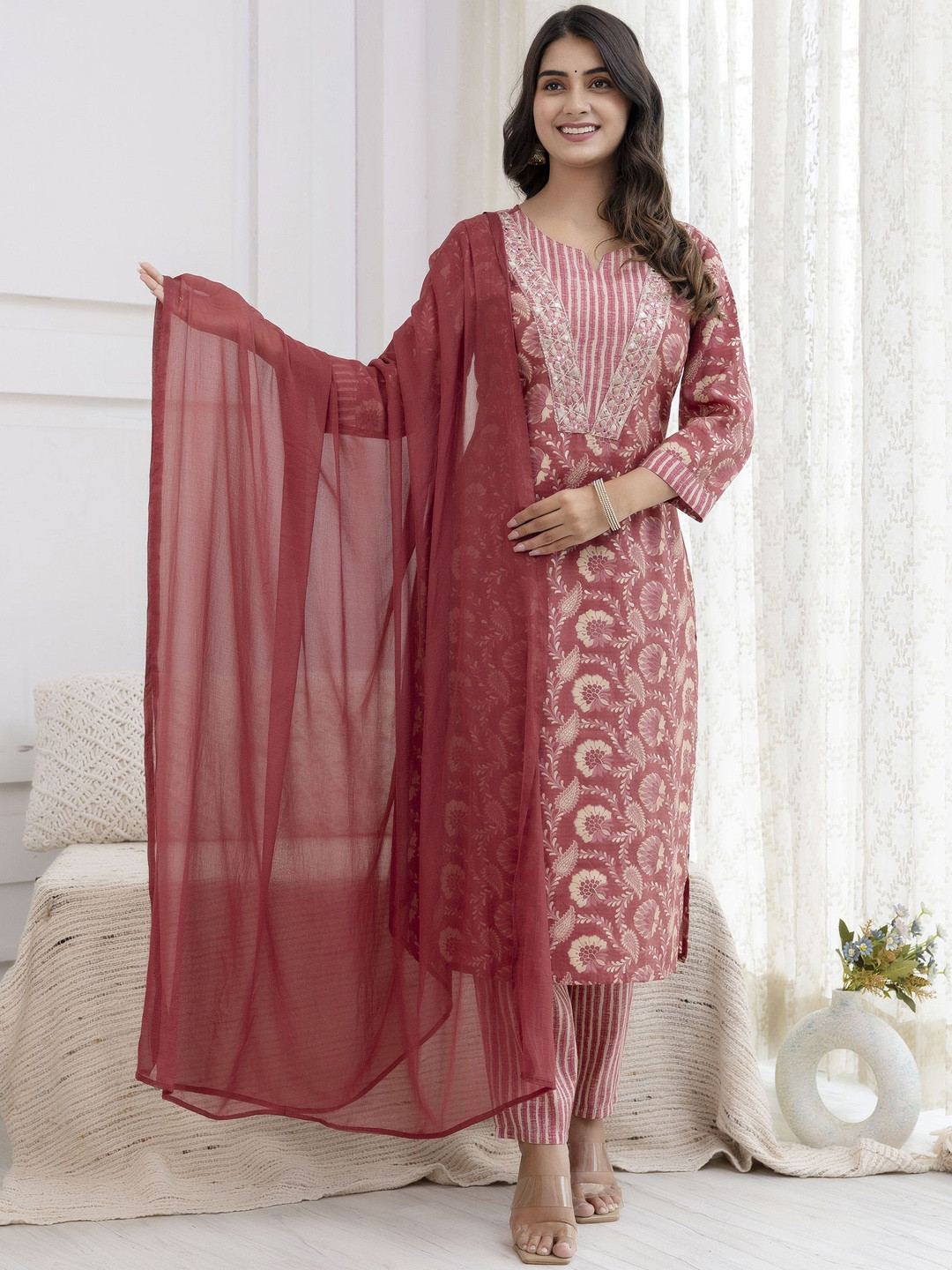 

Charu Floral Printed V-Neck Thread Work Straight Kurta With Trousers & Dupatta, Maroon