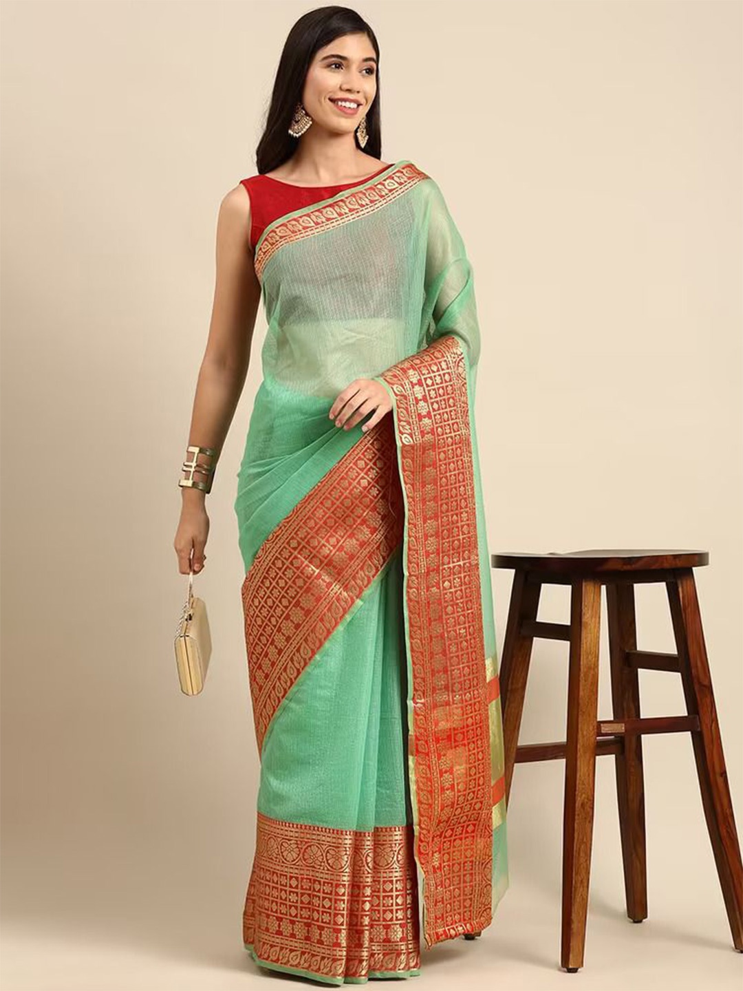 

KULNAARI Zari Checked Saree, Green