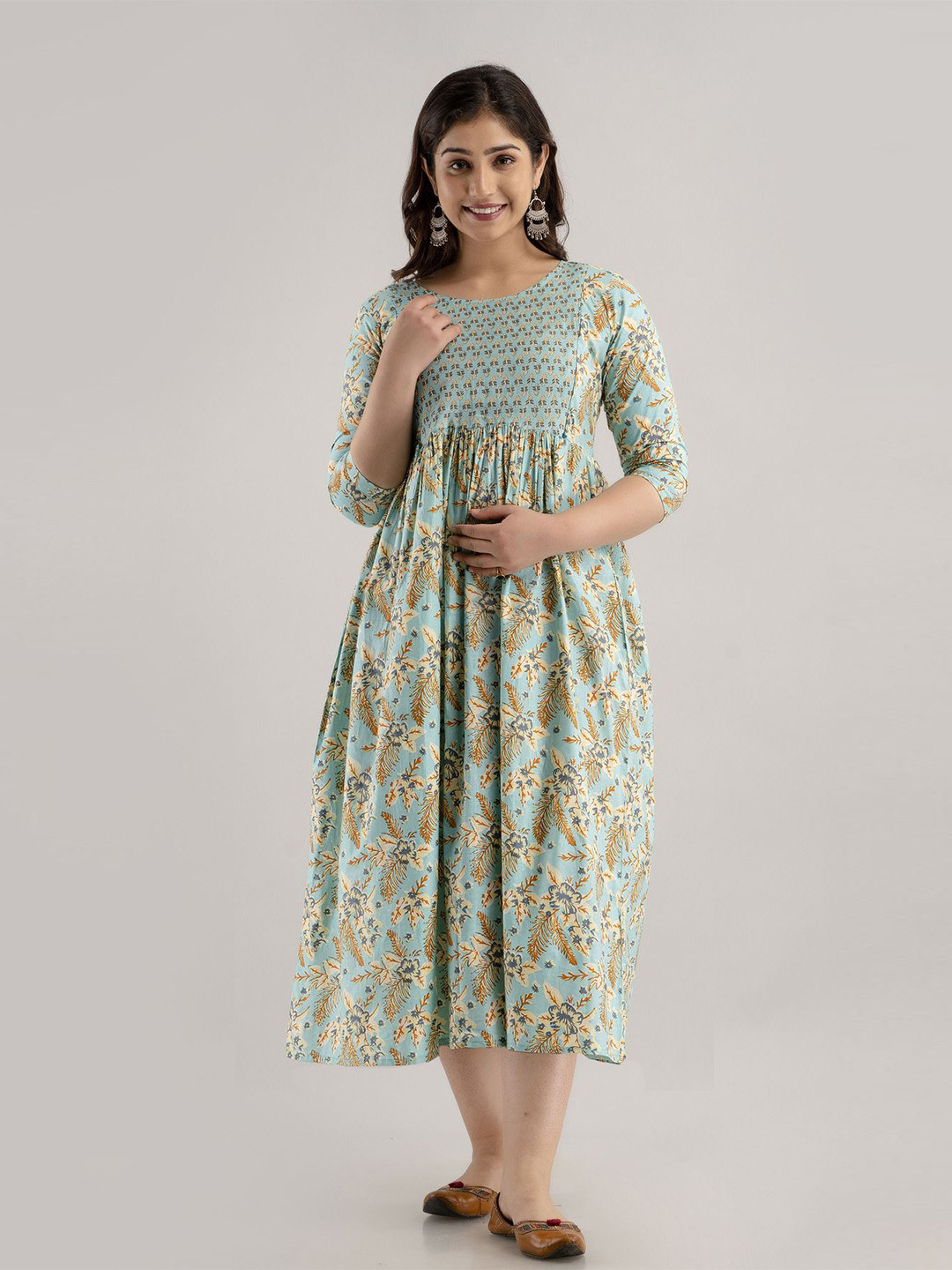 

SHOOLIN Ethnic Motifs Printed Cotton Maternity Empire Midi Dress, Green