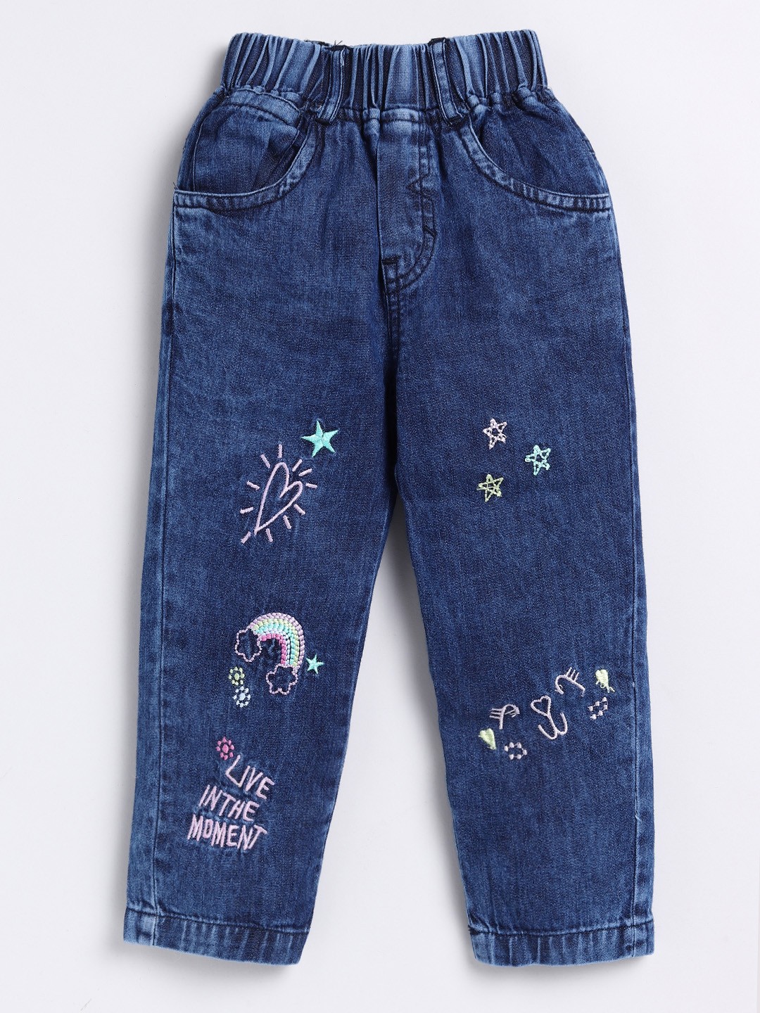 

Here&Now X Denikid Girls Pure Cotton Light Fade Embroidered Jeans, Blue