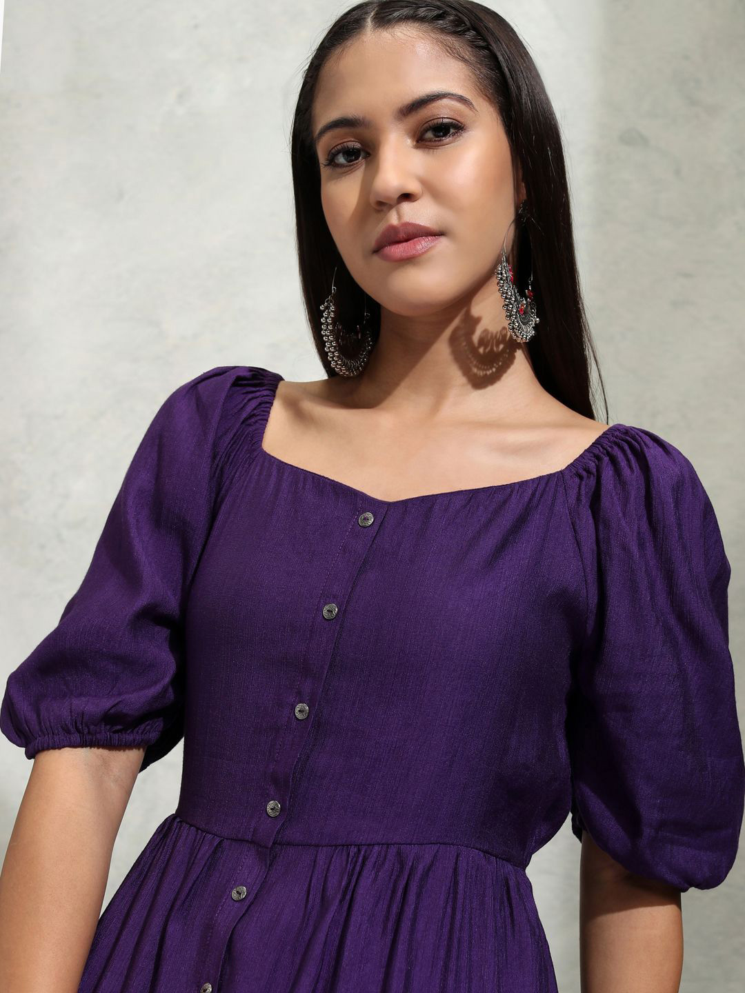 

Vishudh Off-Shoulder Puff Sleeve Tiered Dress, Purple