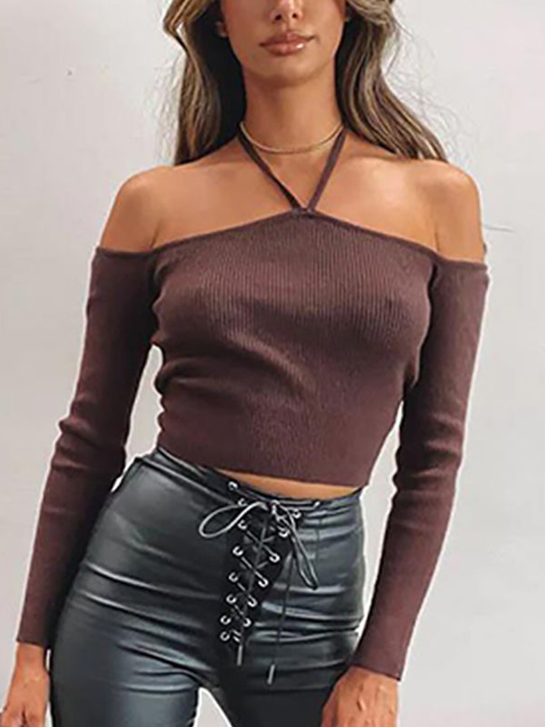 

StyleCast x Revolte Women Solid Halter Neck Cotton Top, Brown