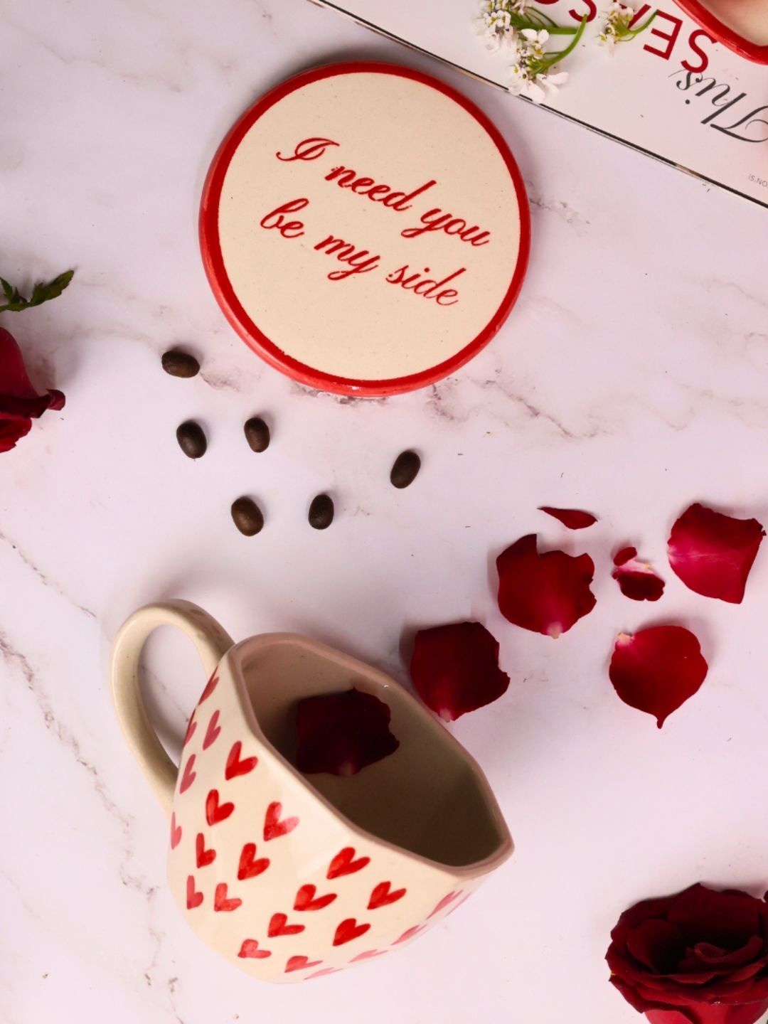 

WEAVING HOMES Red & Cream-Coloured 2 Pcs Printed Ceramic Glossy Mugs With Coaster