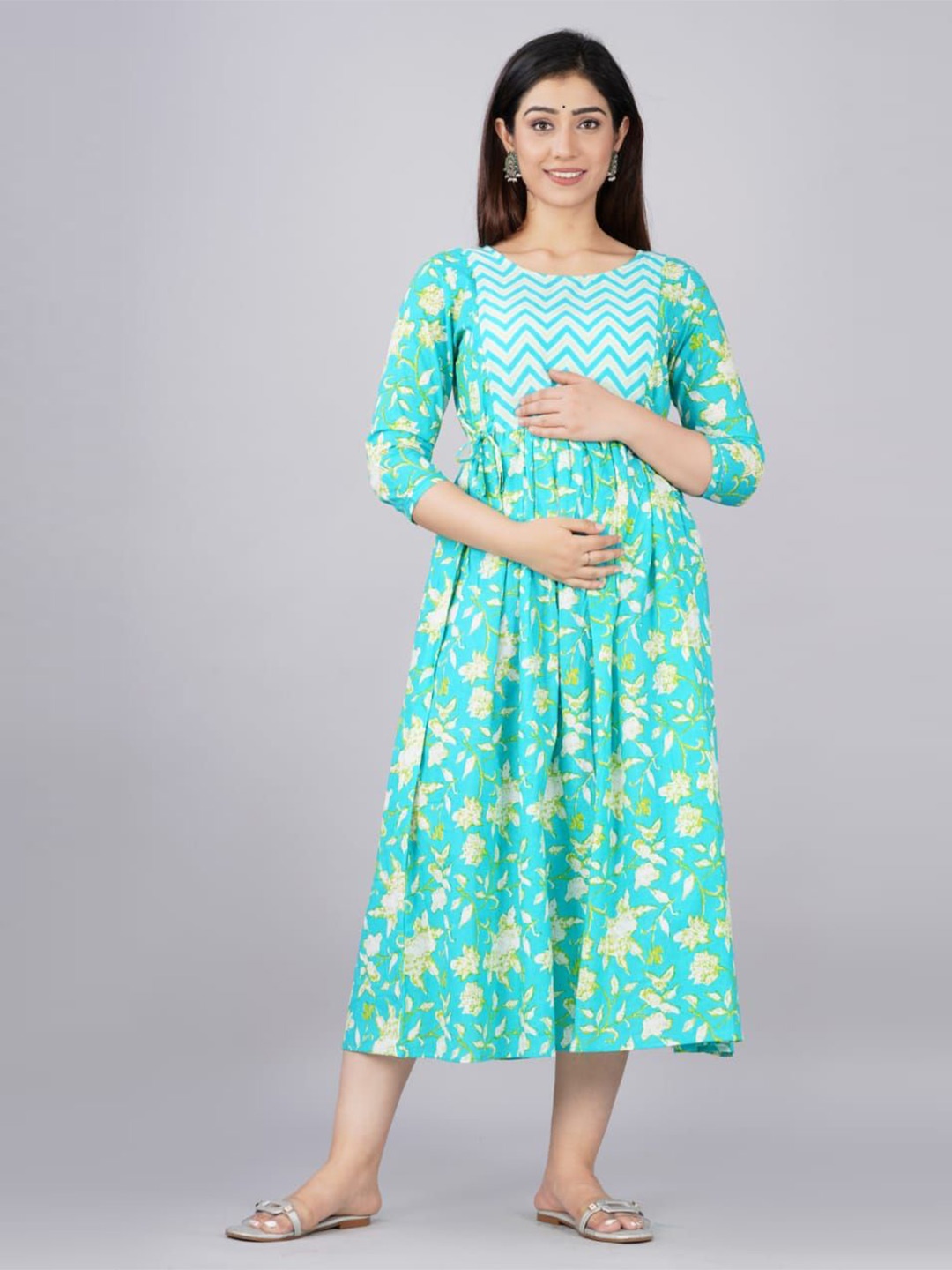 

SHOOLIN Floral Printed Maternity Empire Midi Maternity Dress, Blue