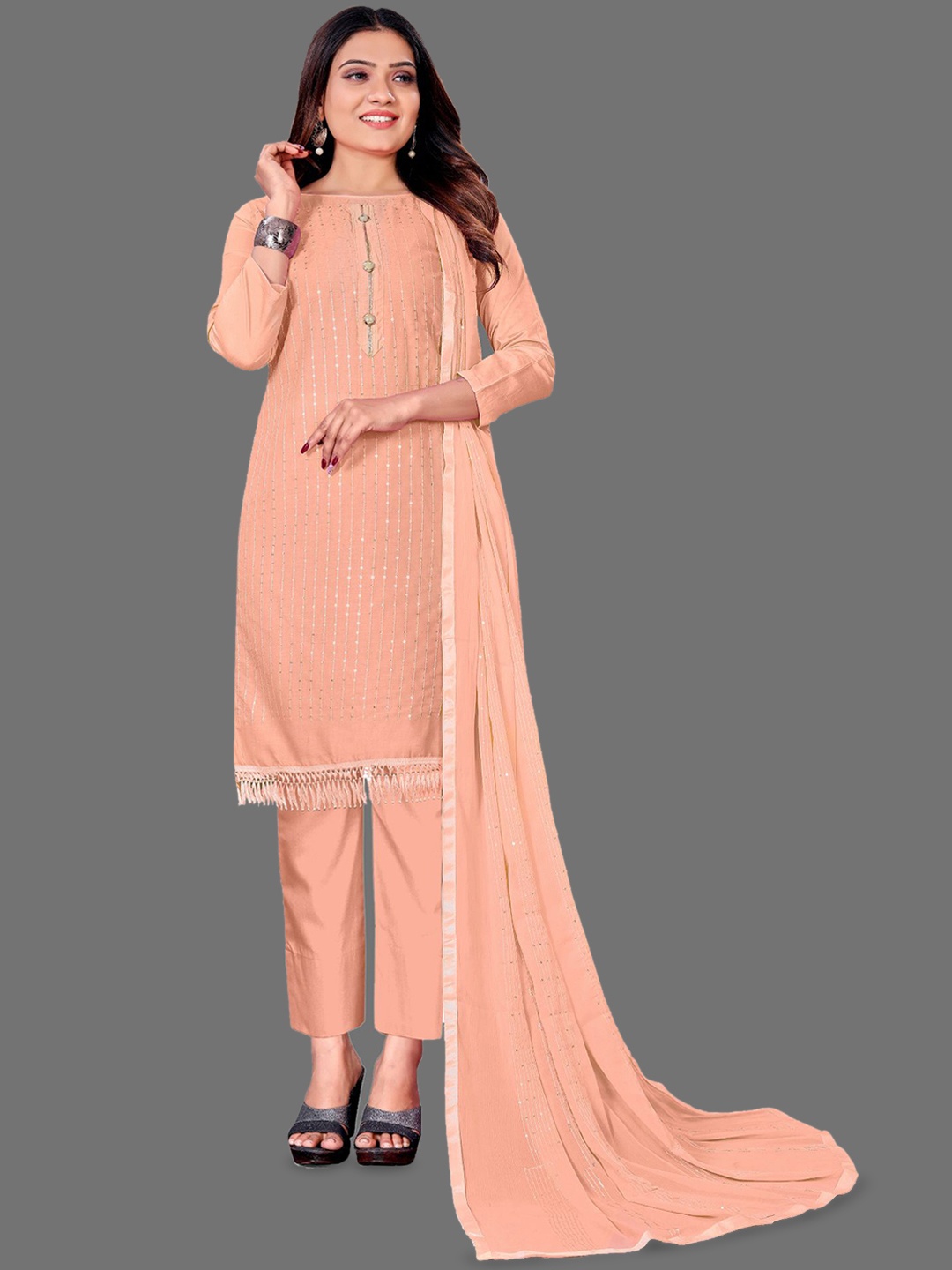 

JULEE Geometric Embroidered Sequinned Unstitched Dress Material, Peach
