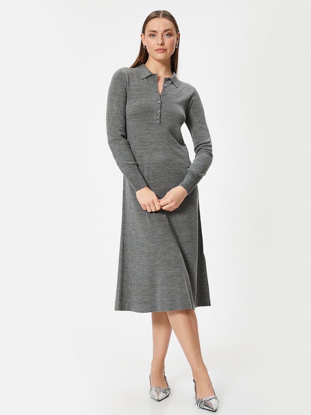 

Koton Women Shirt Collar A-Line Dress, Grey