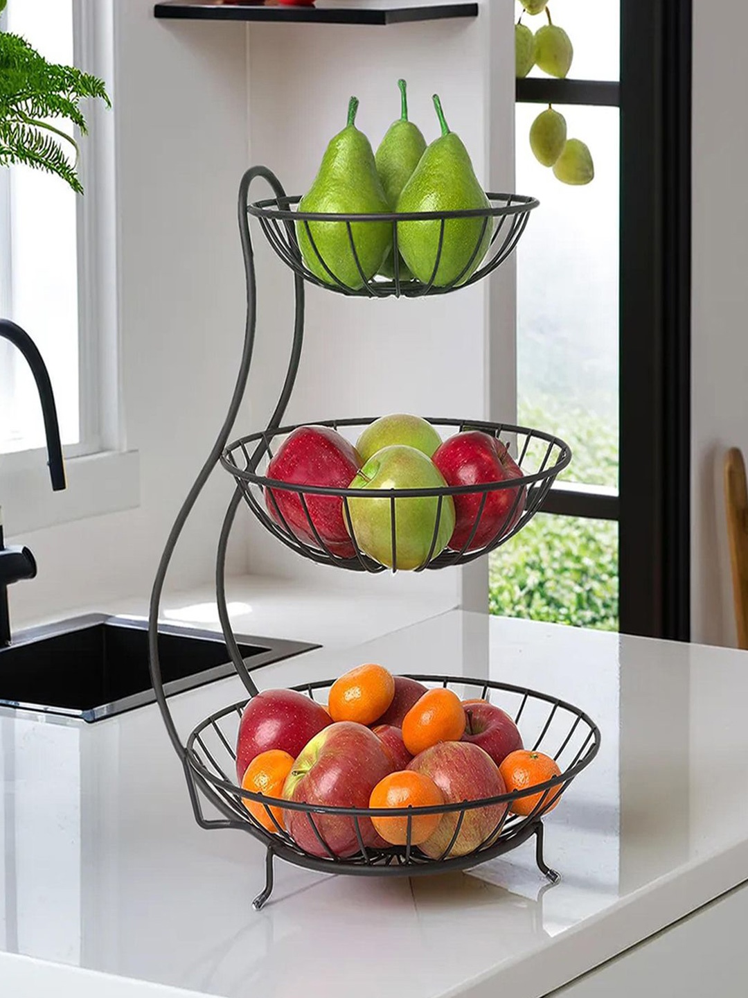 

Kuber Industries Black Metal 3-Layer Fruit Basket for Dining Table