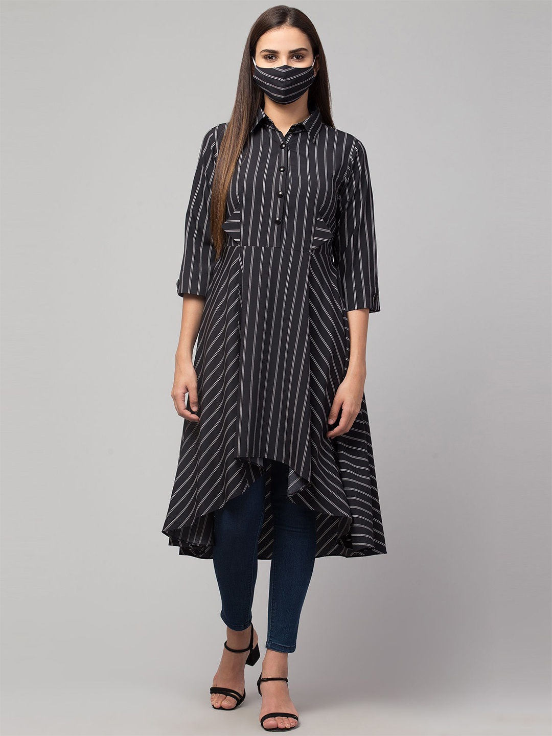 

MUSHKIYA Striped Printed A-Line Kurtas, Black