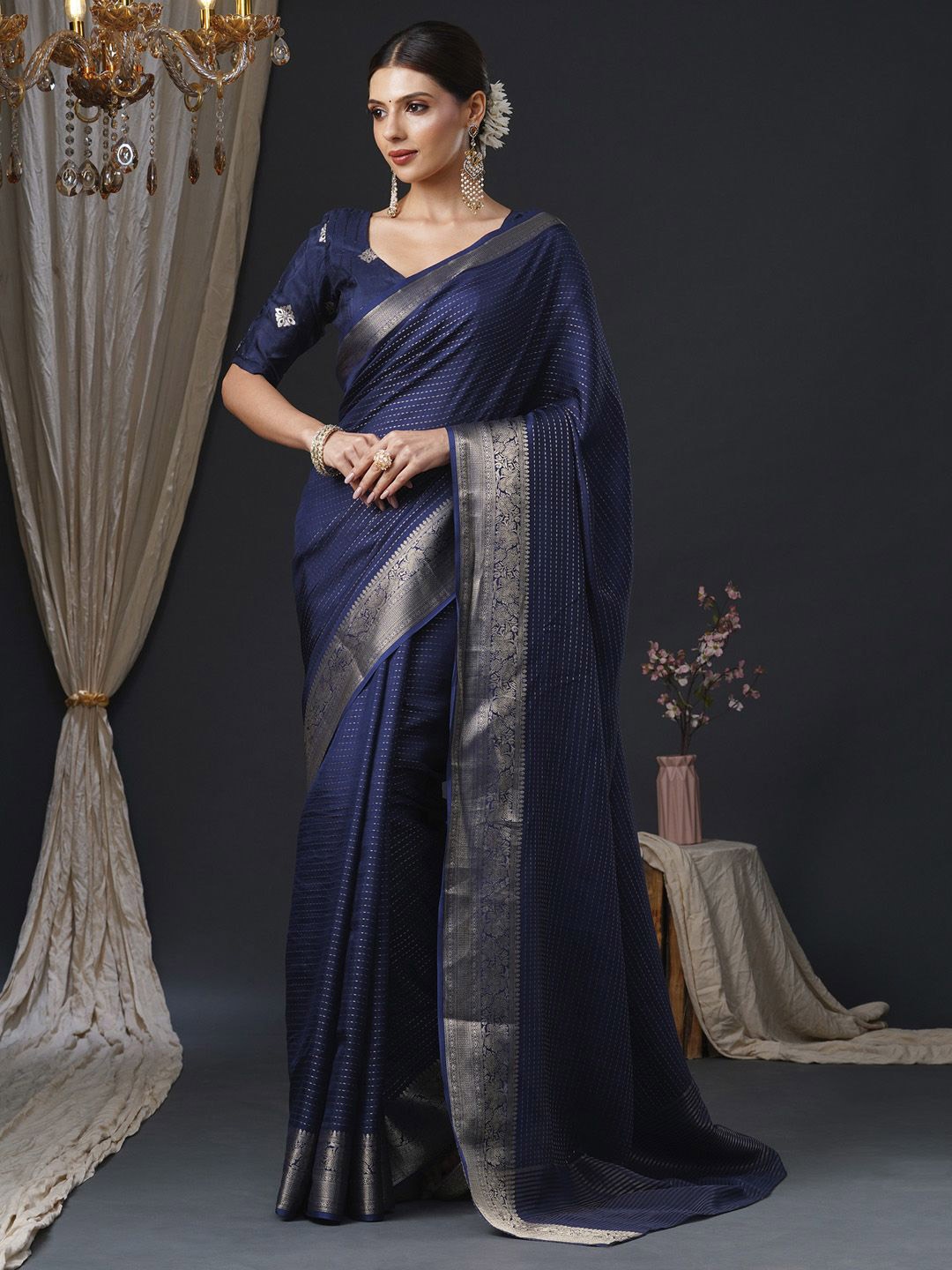 

Anouk Ethnic Motifs Zari Banarasi Saree, Navy blue
