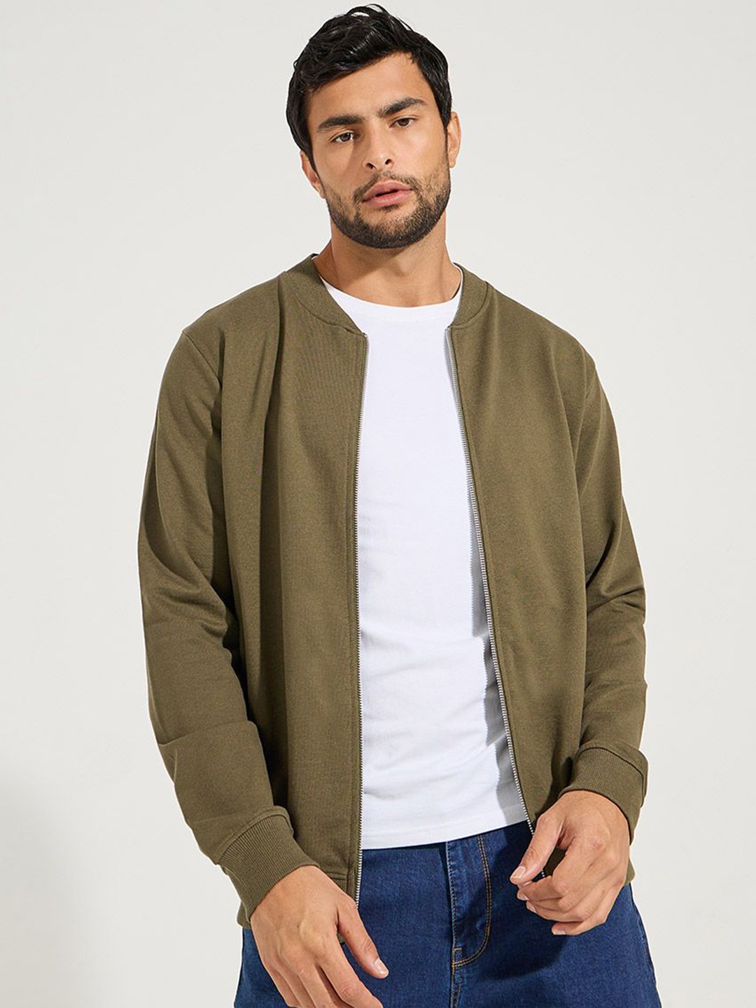 

Styli Stand Collar Long Sleeves Relaxed Bomber Jacket, Olive