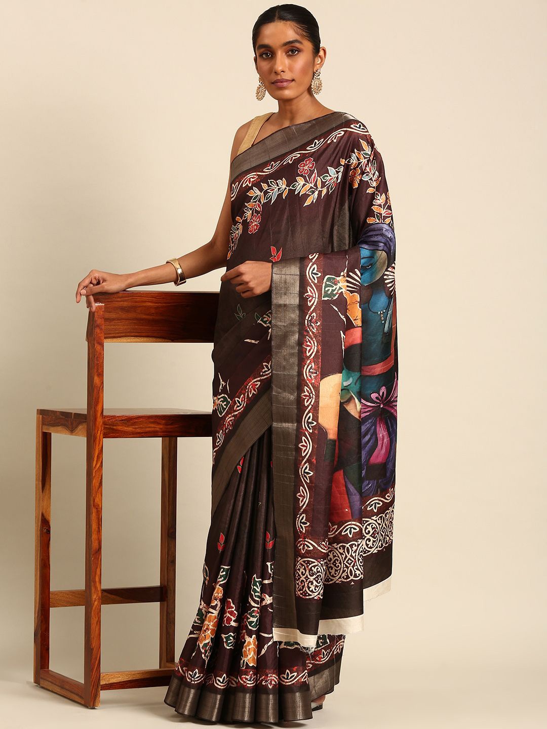 

Ishin Floral Printed Zari Saree, Brown