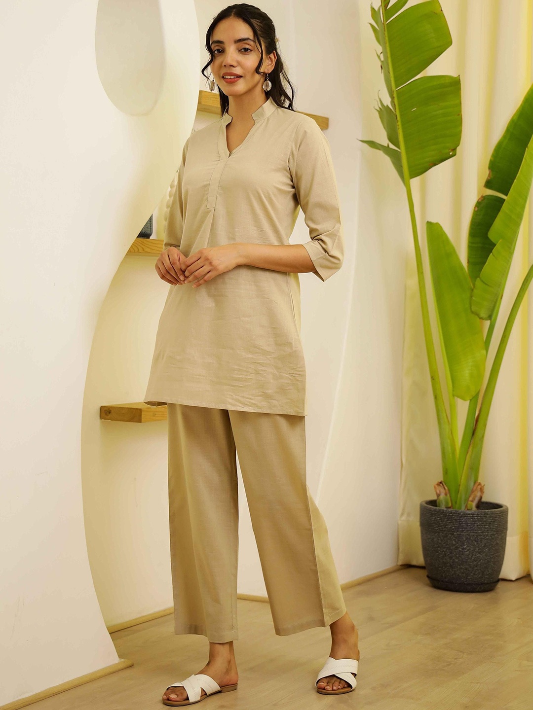 

FLAVIA CREATION Printed Pure Cotton Tunic & Trousers, Brown