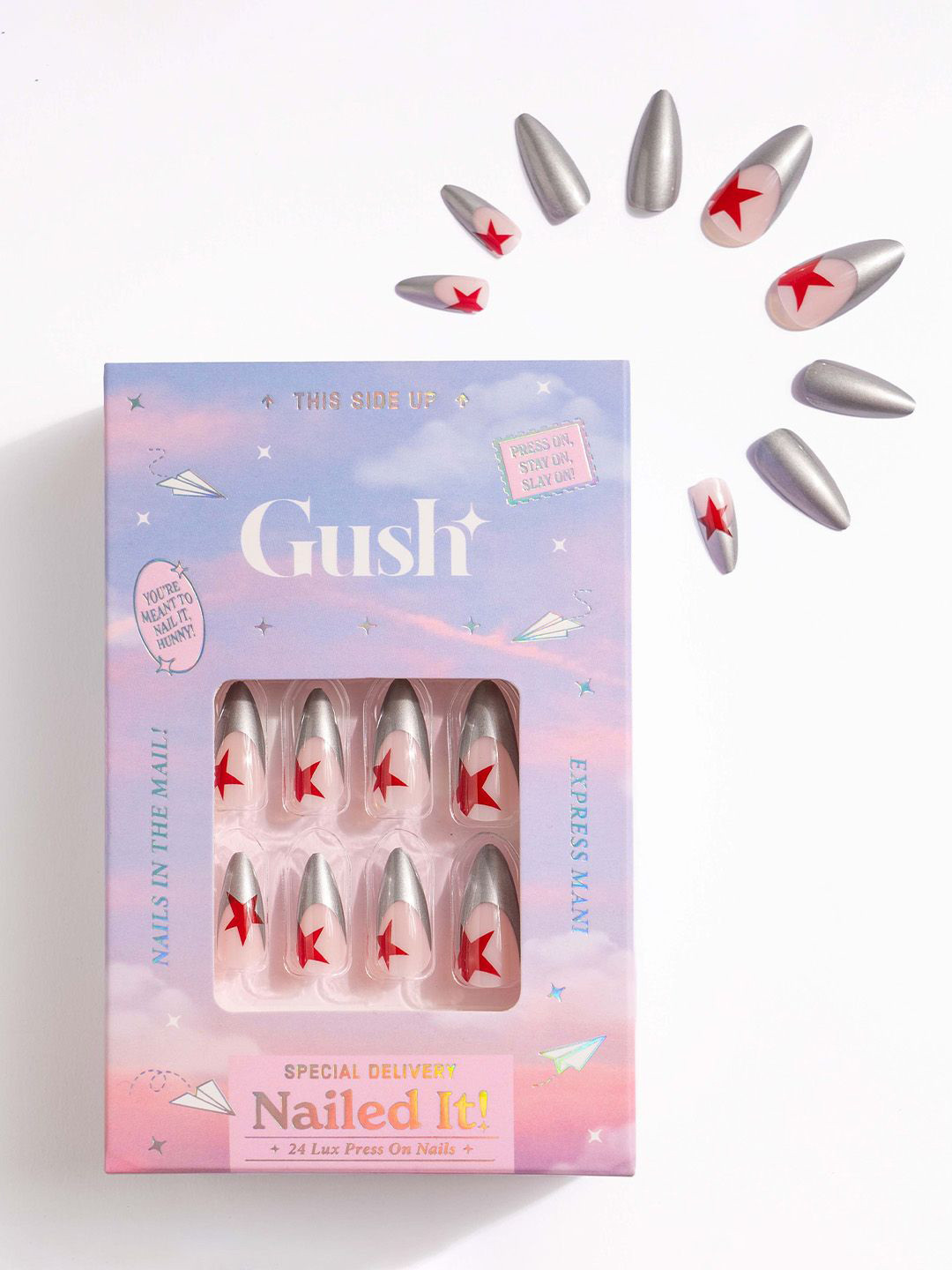 

Gush Beauty Nailed It 24Pcs Medium Almond Press On Nails- Oxidised Silver Stars