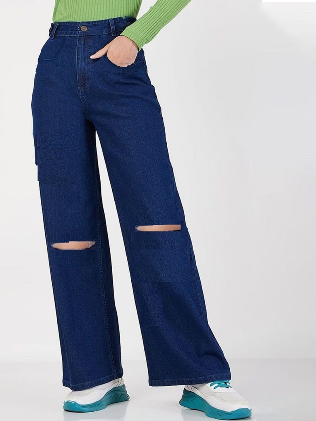 

Perfect Outlet Women Straight Fit High-Rise Slash Knee Stretchable Jeans, Blue