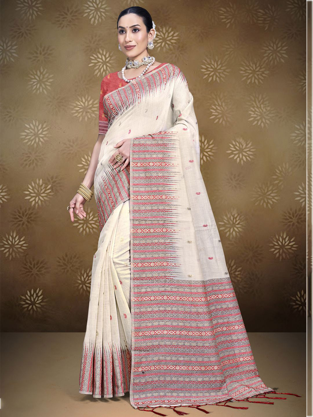 

Ishin Saree Cream Cotton Saree With Red Blouse Piece