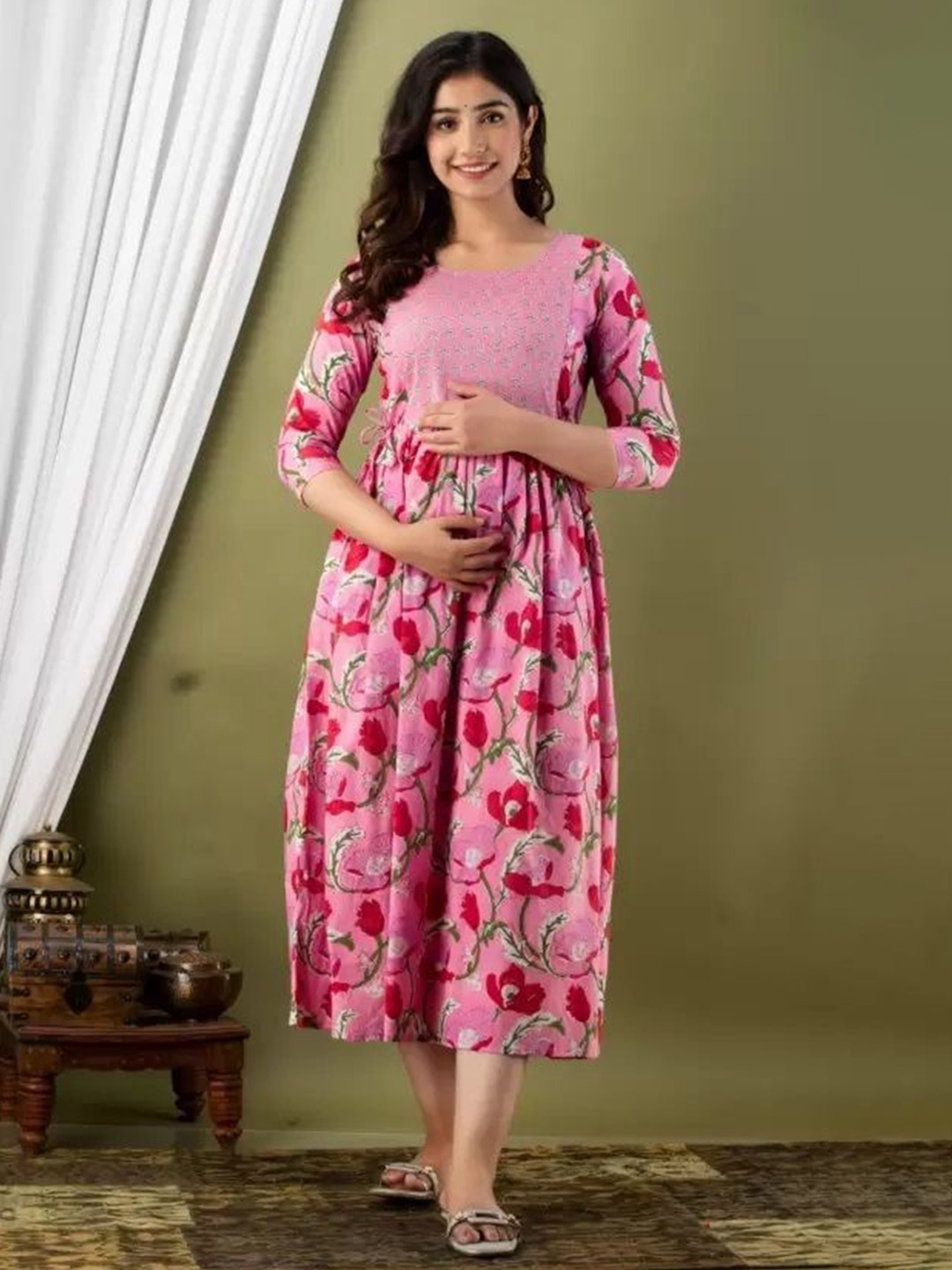 

SHOOLIN Floral Printed Pure Cotton Maternity Empire Midi Dress, Pink