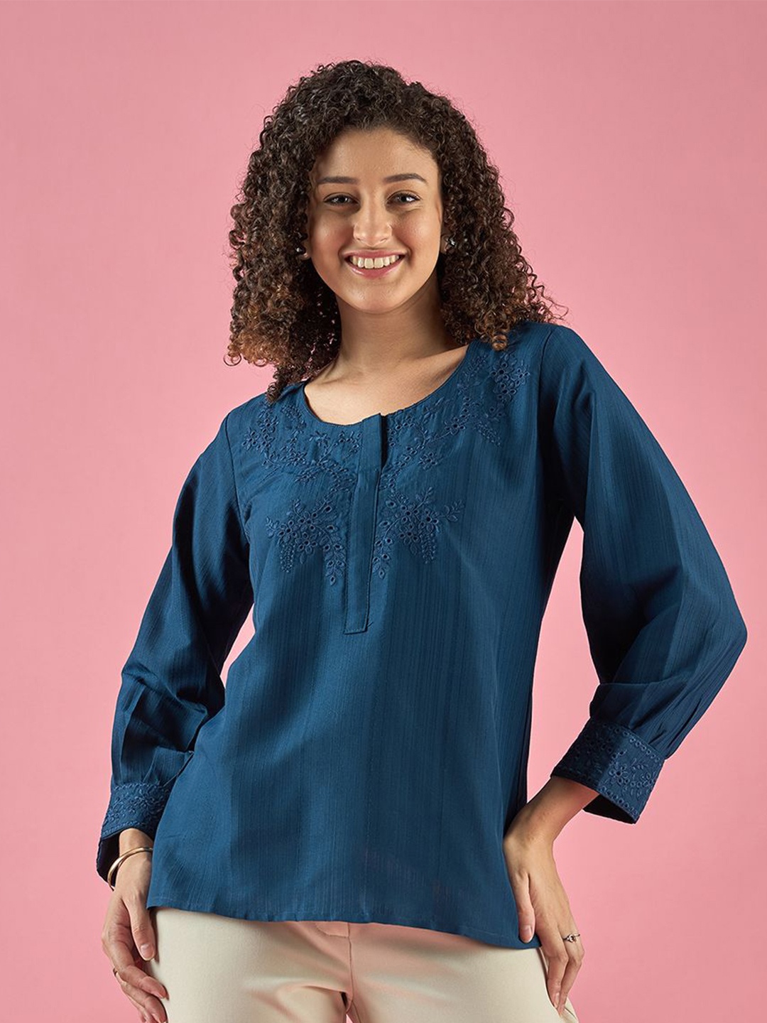 

DressBerry Women Embroidered Fusion Tops Round Neck Viscose Rayon Top, Blue