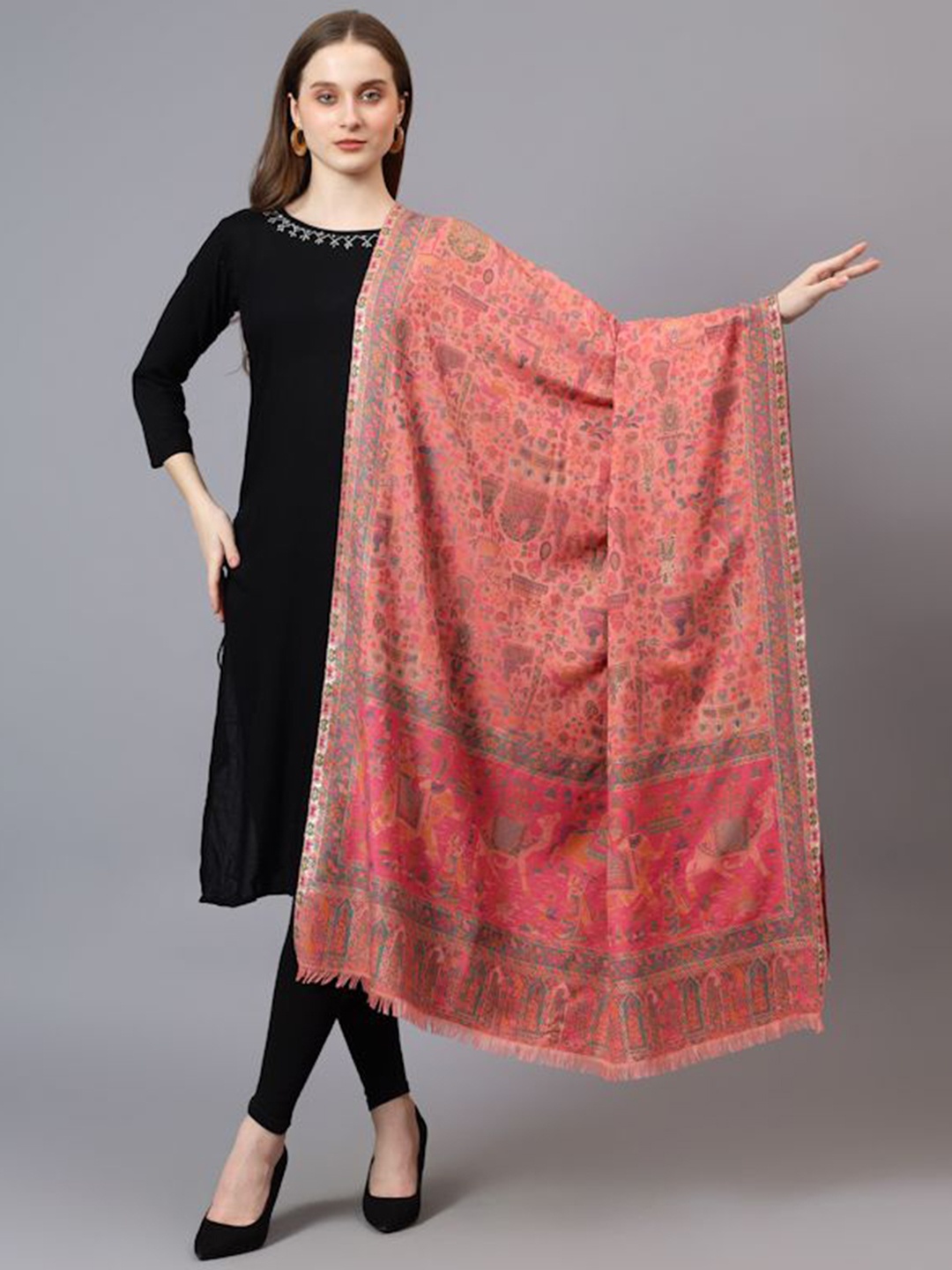 

Mizash Ethnic Motifs Printed Woollen Shawl, Pink