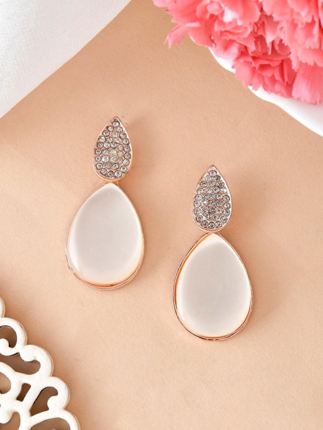 

VOJ Gold Plated Stainless Steel Teardrop Shaped Cubic Zirconia Studded Drop Earrings