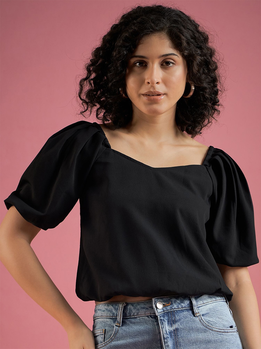 

DressBerry Women Solid Square Neck Polyester Top, Black