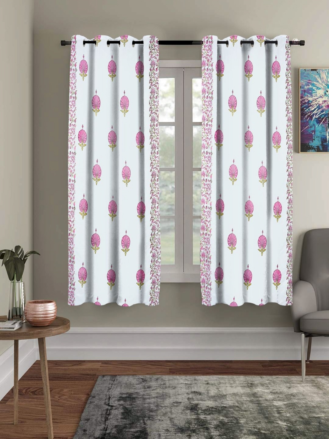 

RRC Pink & White 2 Piece Floral Printed Cotton Window Curtains