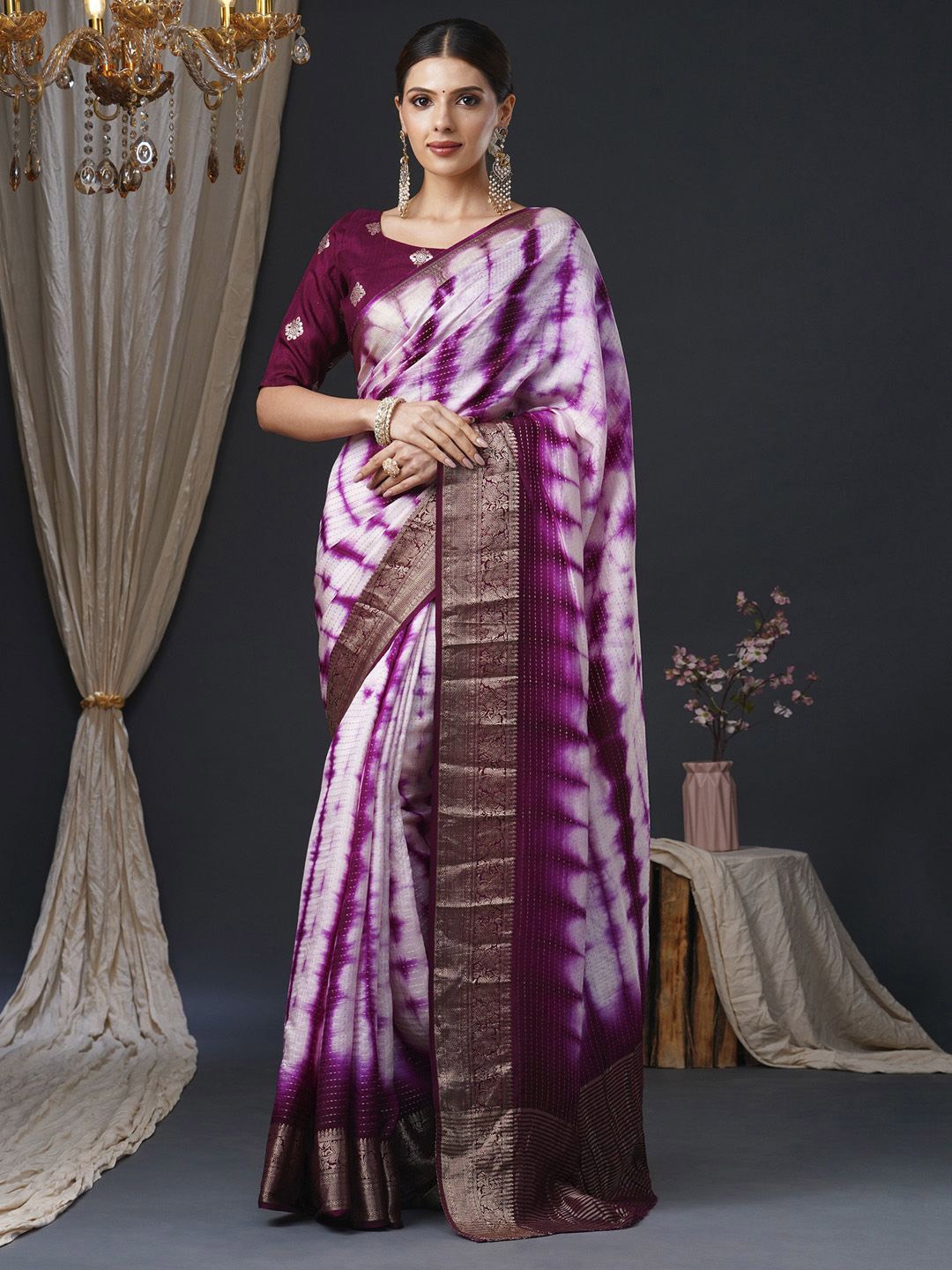 

Anouk Tie and Dye Zari Silk Blend Banarasi Saree, Magenta