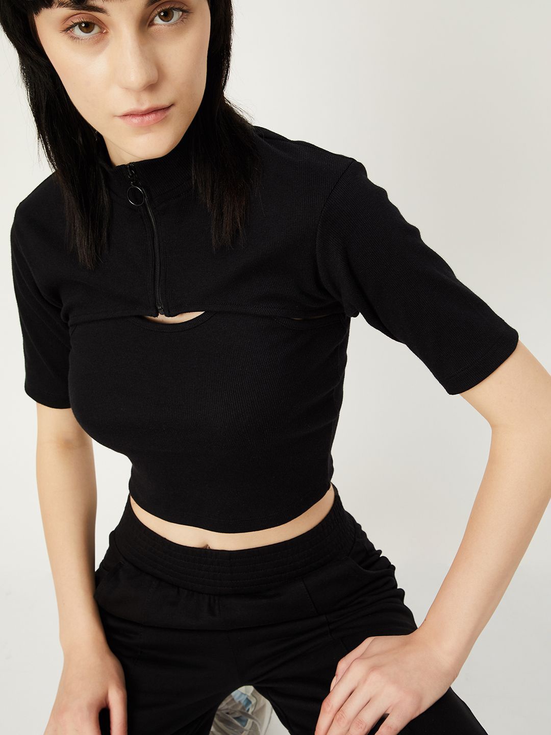

max Women Solid High Neck Cotton Top, Black