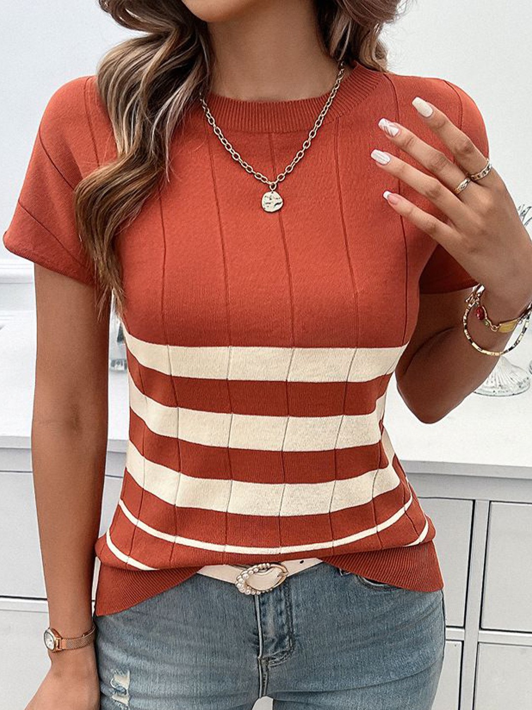 

StyleCast x Revolte Women Horizontal Stripes Round Neck Top, Red