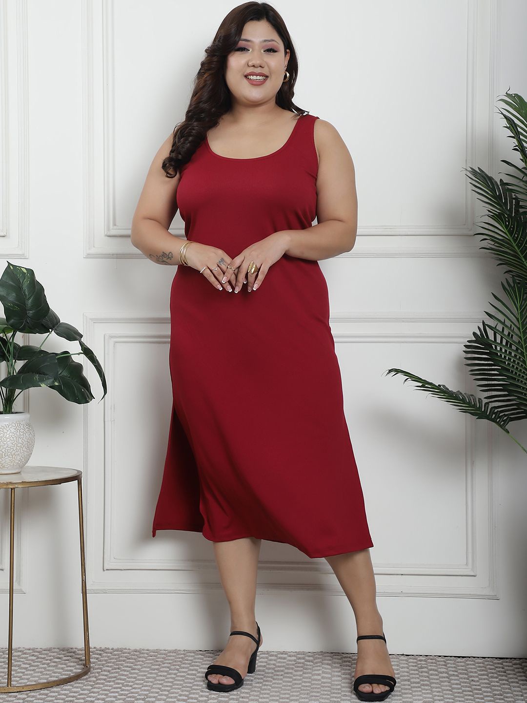 

thkgrlz Plus Size Sleeveless A-Line Midi Dress, Maroon