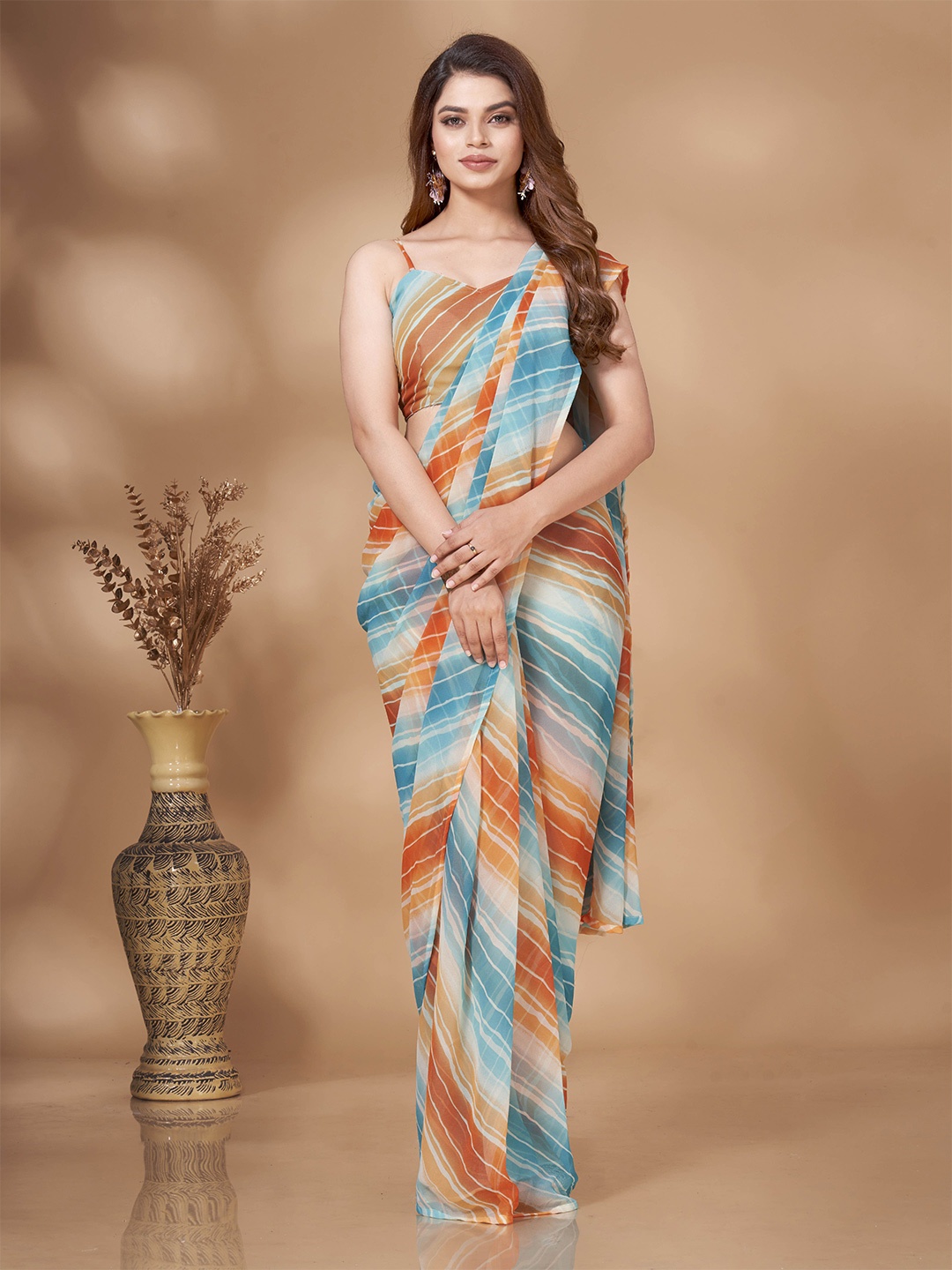 

Tikhi Imli Striped Poly Georgette Ready to Wear Leheriya Saree, Blue