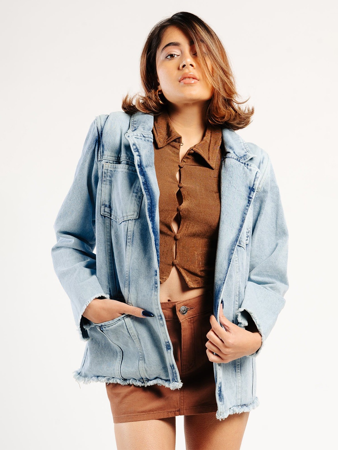 

FREAKINS Washed Out Lapel Collar Pure Cotton Denim Jackets, Blue