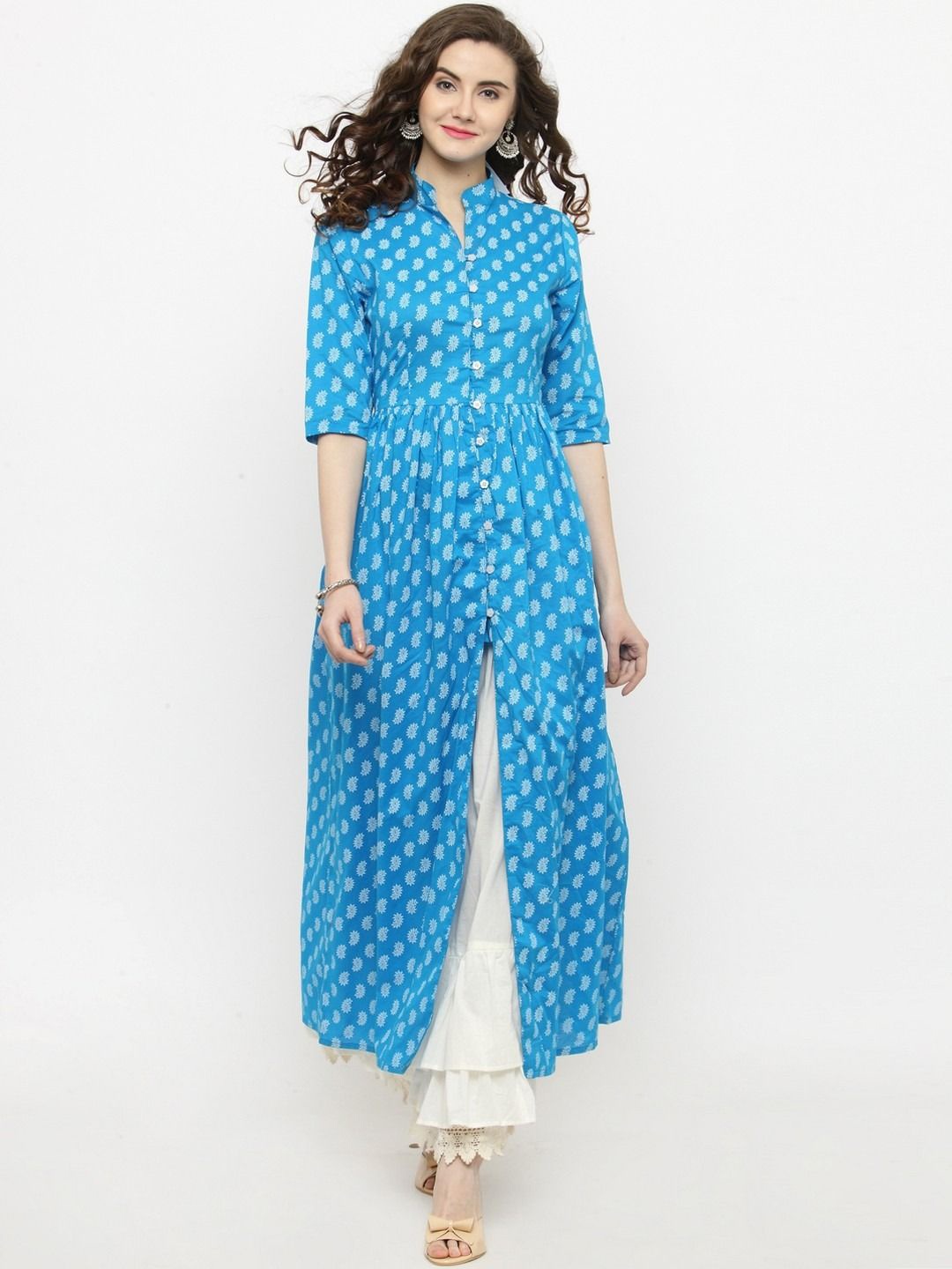 

Sera Paisley Printed Mandarin Collar Cotton A-Line Kurta, Blue