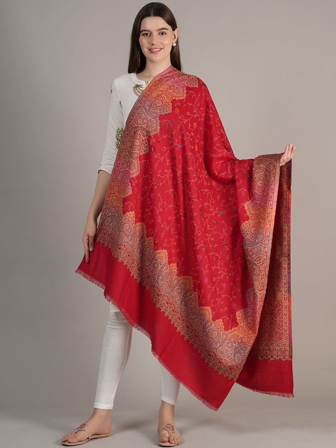 

MUFFLY Floral Printed Pashmina Woollen Shawl, Red